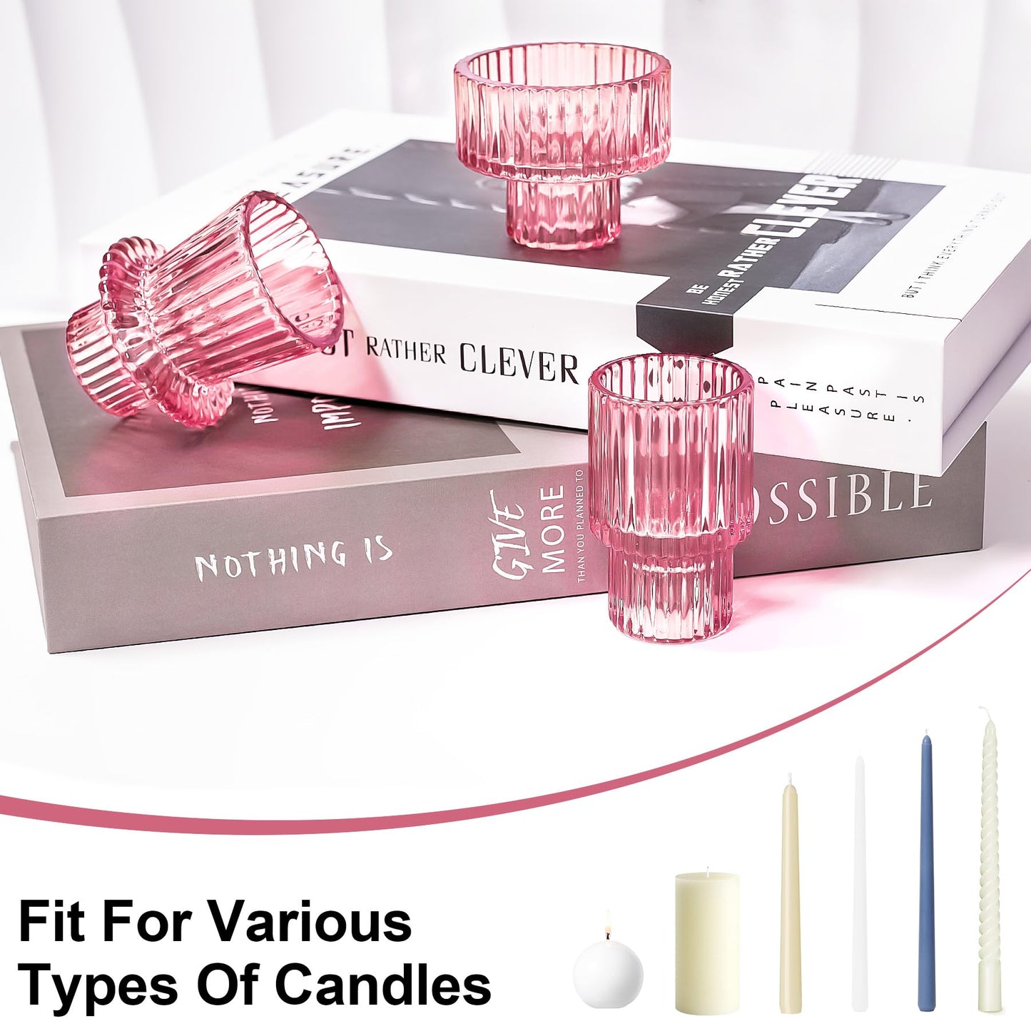 Toptime Candlestick Holders Set of 6, Ribbed Glass Taper Candle Holders, Reversible Pink Tealight & Candle Stick Candle Holder Vintage Crystal Tapered Candlestick for Wedding Dinner Party Festival