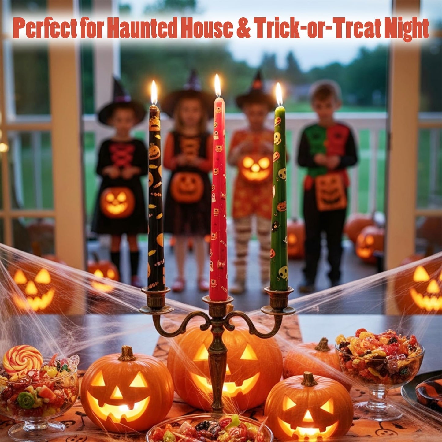 FYBW 10-Inch Halloween Taper Candle Set of 4,Pumpkin Skeleton & Bat Prints, Spider Web Spooky Dinner Candles, Gift for Festive Halloween Day Decoration