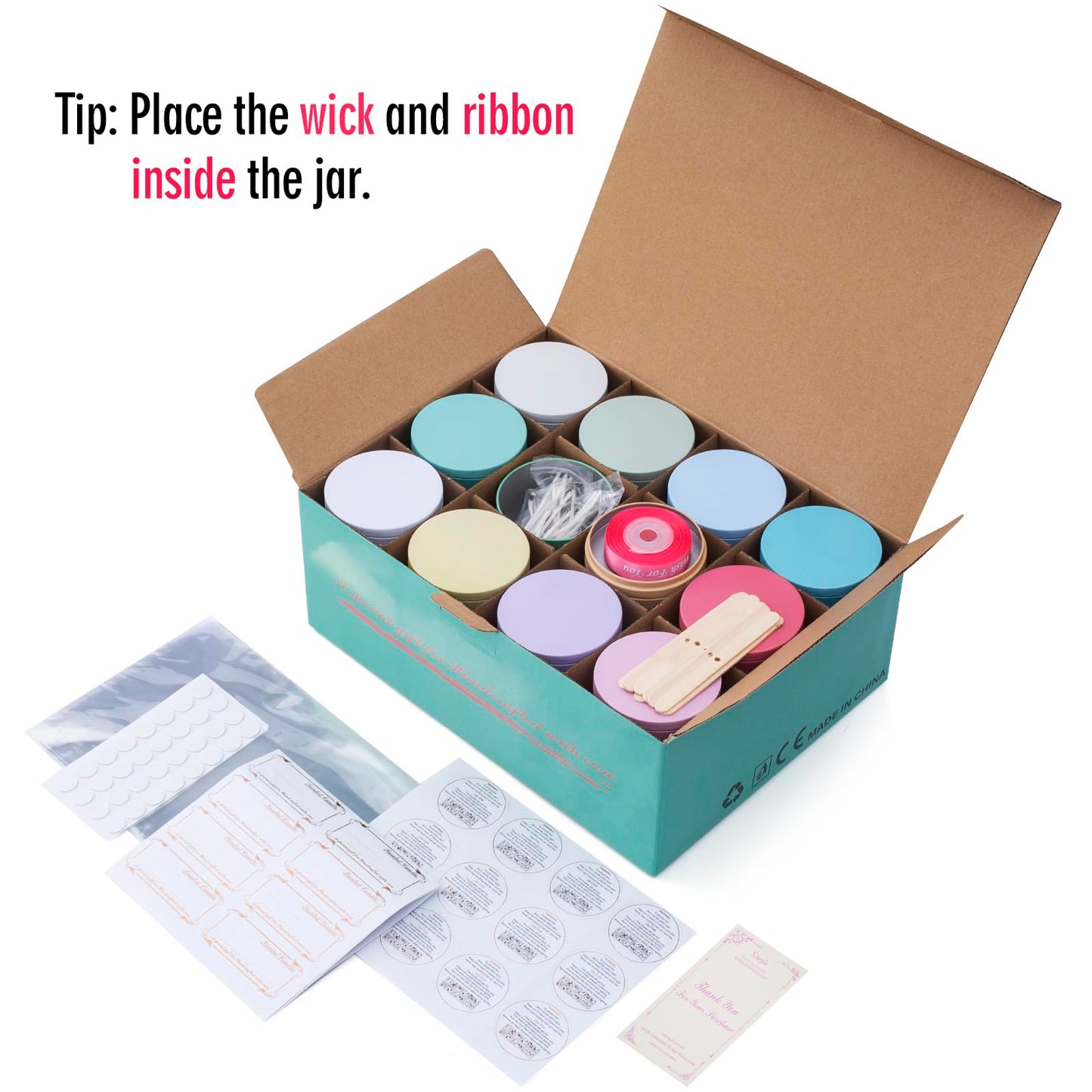 MeiGlow Empty Candle Tins for Making Candles, 24 Pack(12 Colors) 8 oz with Lids, Cotton Wicks, Wick Stickers, Holders, Labels, Pink Ribbon and Transparent Bags (8 oz)