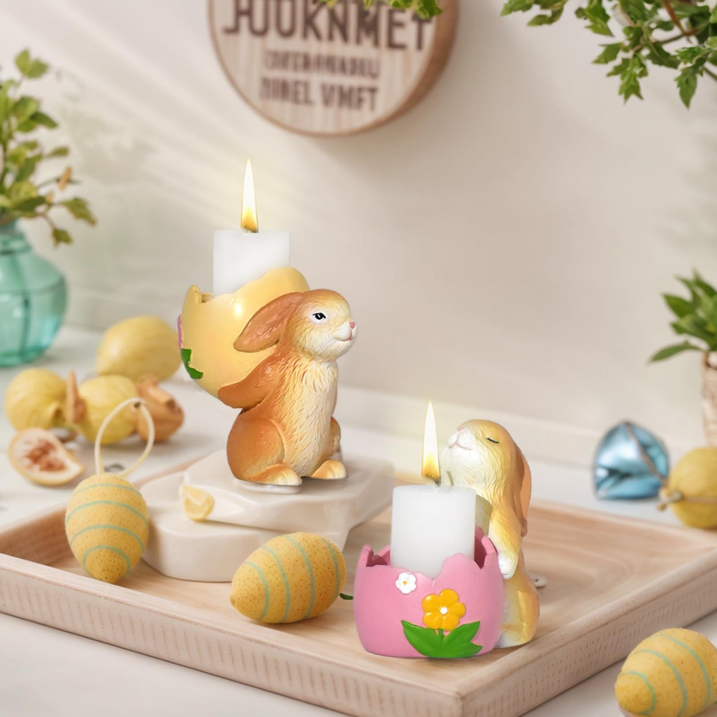AMOYYT Easter Bunny Decorations Indoor Easter Bunny Figurines 3.5 inch Rabbit Figurines Home Decor 2Pcs Resin Rabbit Candle Holder Table Mantel Spring Decoration for Mom