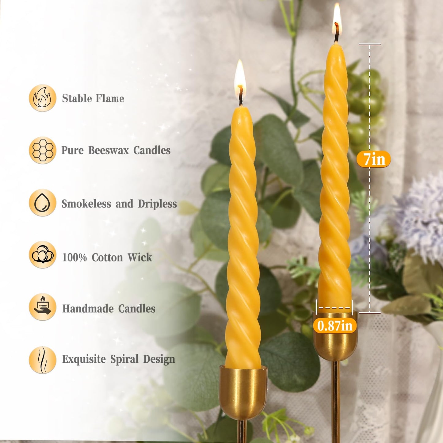 16 Pack Beeswax Taper Candles 7 inch Spiral Beeswax Candles 7 Hours Burning Natural Pure Bees Wax Candlesticks Unscented Smokeless Yellow Bees Wax Candles for Home Prayer