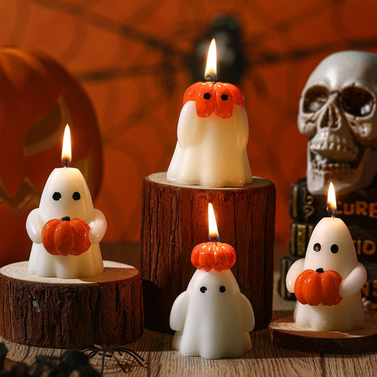 Tondiamo 4 Pcs Halloween Ghost Candle Large Pumpkin Spooky Ghost Shaped Candles Tea Lights Goth Gifts for Halloween Party Favor Table Decoration(White,Orange,Classic Style)