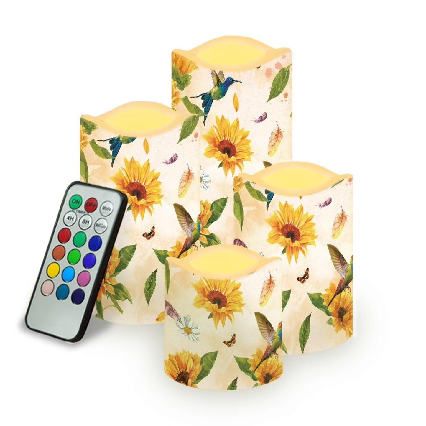 Ystardream Sunflower Hummingbird Flameless Candles with Timer Led Candles Flickering 4 Candle Sets for Home Decor,18 Key Remote Control，Dancing Flame, True Wax, Battery Powered.