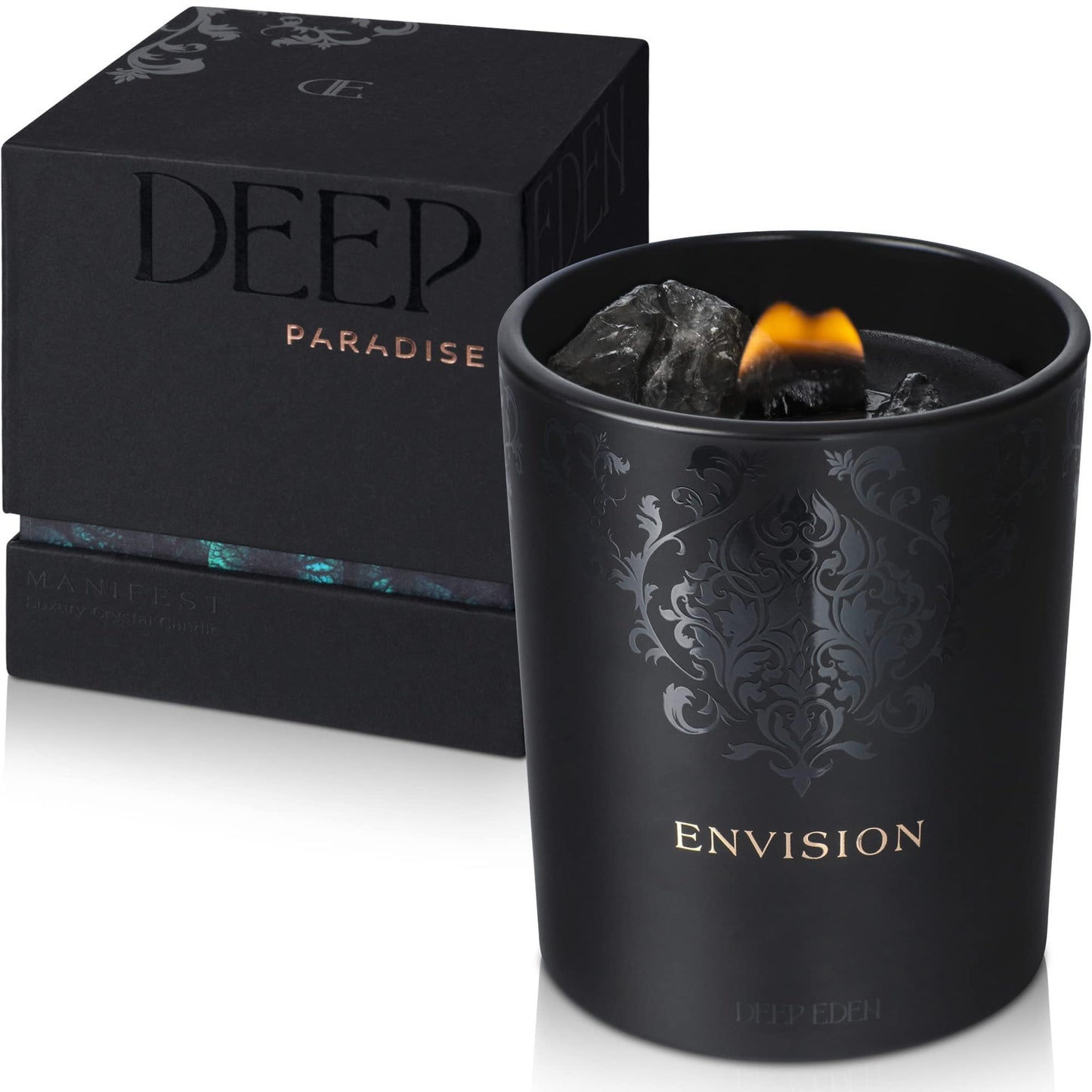 Black Orchid & Pine Moss Scented Crystal Candle - Luxury Manifestation Candle with Smoky Quartz and Clear Quartz Crystals - 7.4oz Natural Soy, Coconut & Beeswax, Wood Wick