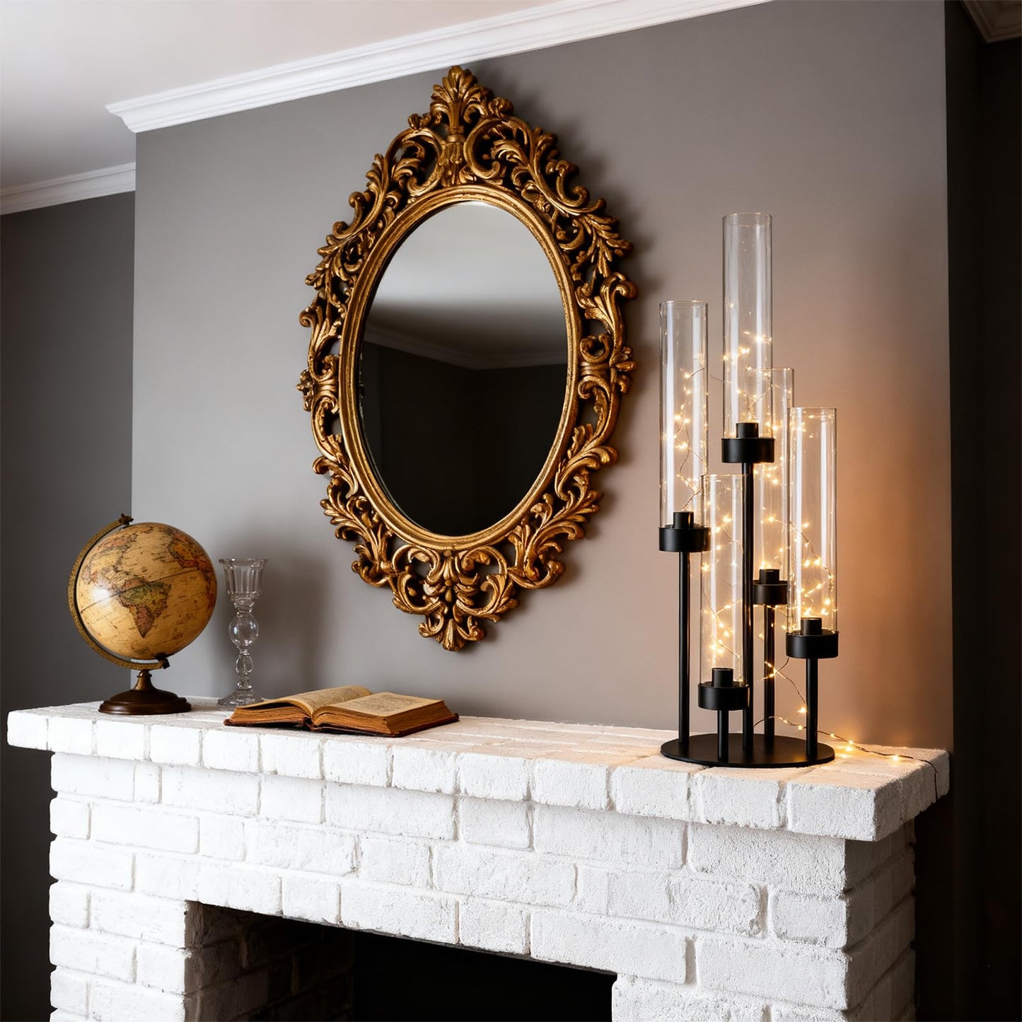 KEHAIL 2Pcs 5-Arm Black Metal Table Candelabra Centerpiece, 22" Tall Acrylic Clear Candlesticks Holder with Shade for Valentines Day Events Party Table Centerpiece,Fit LED Candles
