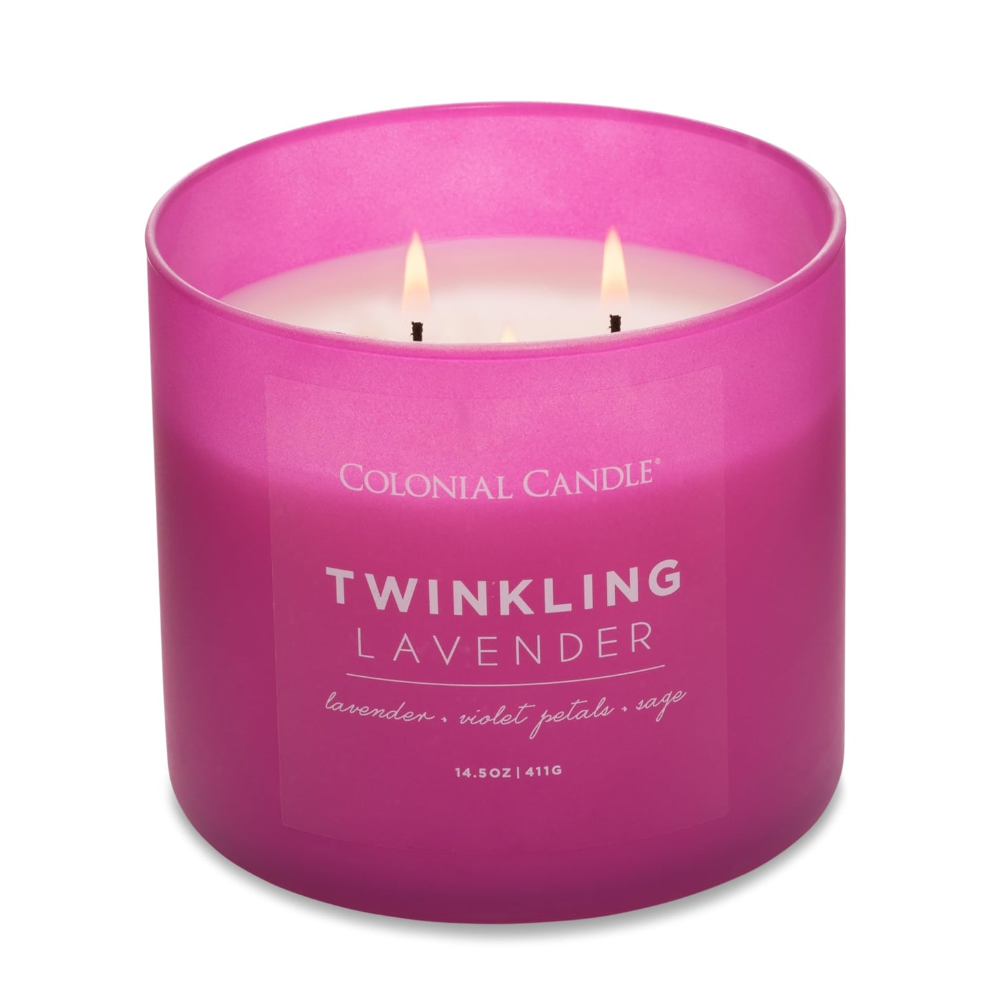 Colonial Candle Pop of Color Twinkling Lavender 14.5 Oz Scented Matt Glass Jar Candle, Three Premium Cotton Wicks
