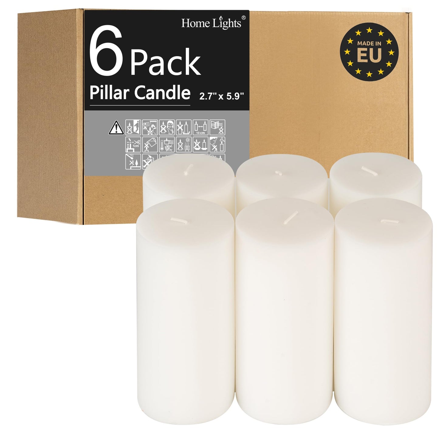 HomeLights Pillar Candles - 2.7x6 inch | 60 Hours Burning, 6 Count - White Unscented Smokeless European Pillar Candles - Perfect for Wedding, Parties, Spas, Home Gatherings and Dinner