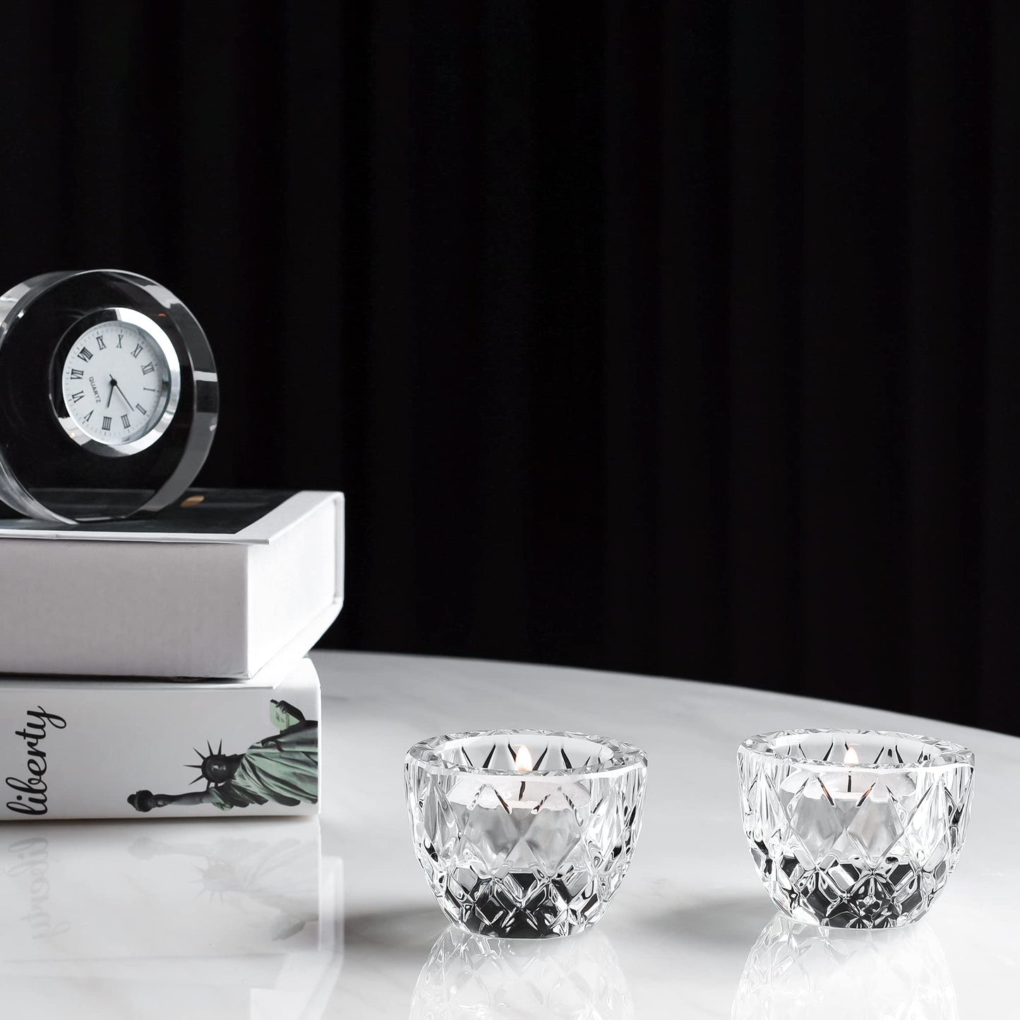 Kitcom Crystal Tealight Candle Holders Pack of 2 for Wedding Party Dinner Table Home Decor Hand-Cut W2.4'' X H1.7'', Clear
