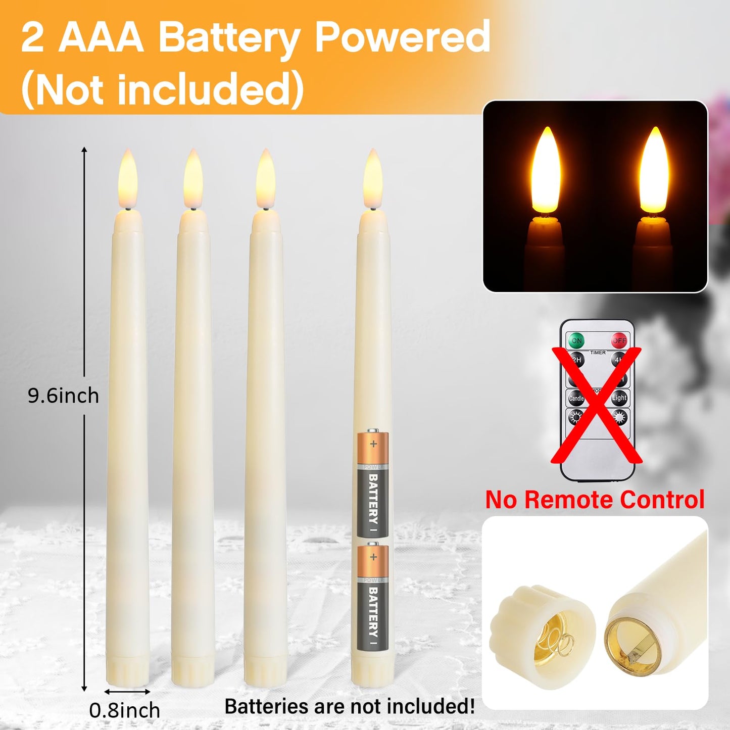 Baquler 12 Pcs Flameless Ivory Taper Candles Bulk Flickering LED Candles Taper Warm White Light LED Candlesticks for Christmas Wedding Home Decoration No Remote Control, 9.6 Inch