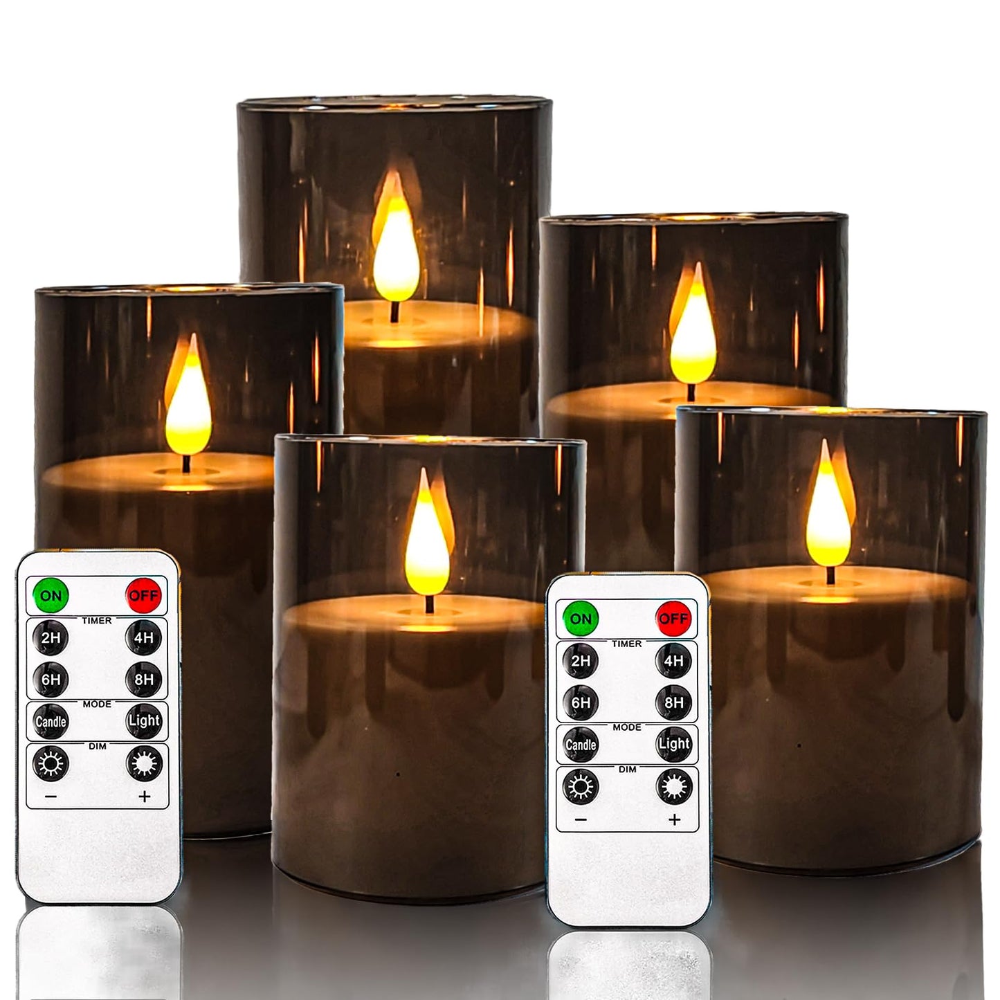 NICEME Gray Flickering Flameless Candles, Battery Operated Acrylic LED Pillar Candles with Remote Control and Timer Flameless Halloween Candles for Christmas New Year Home Decor, Set of 5