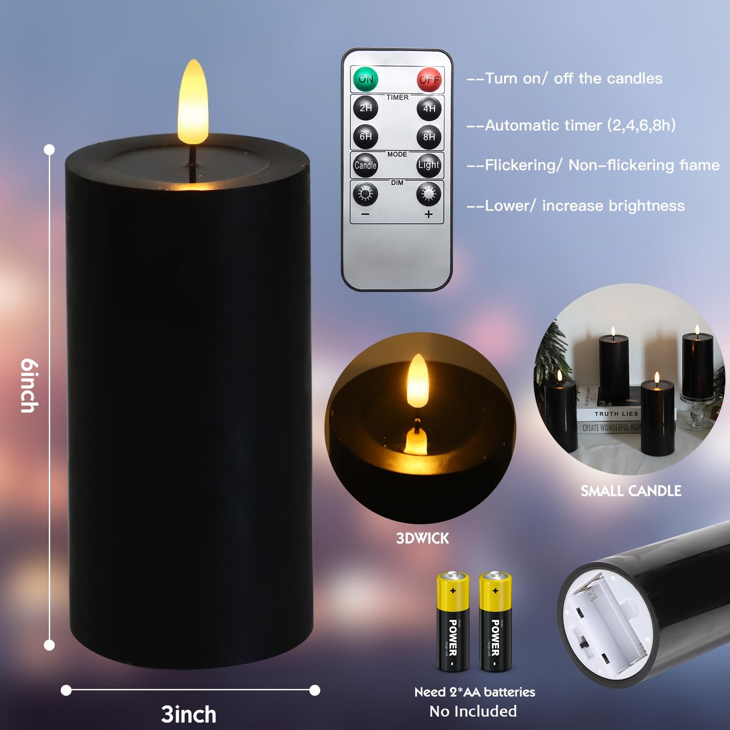 MUMCHASI 4 Packs Flameless Candles, Black Battery Operated Candles, Black Halloween LED Candles, Real Wax Flickering Candlelights with Remote for Home Fall Halloween Christmas Party Candelabra