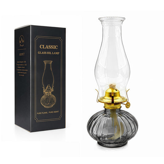 13" Large Glass Kerosene Oil Lamp, Vintage Hurricane Lantern with Thickened Glass Base, Chamber Oil Lamp for Indoor Use, Rustic Tabletop Lantern for Home Decor, Emergency Lighting(Gray)
