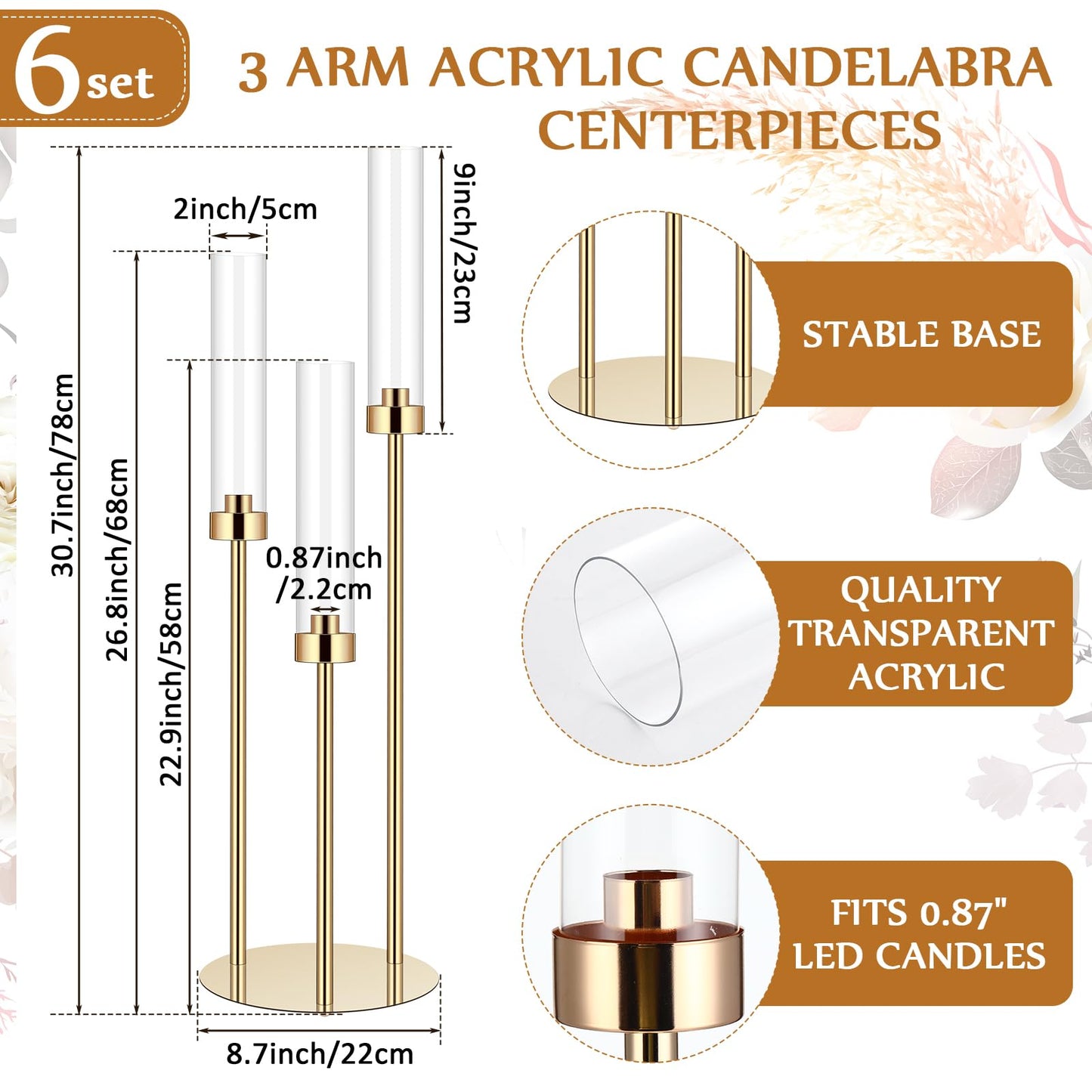 Layhit 6 Set Wedding Gold Candelabra Centerpieces for Tables, 3 Arm Tall Acrylic Candle Holder Centerpiece with Clear Shades for Reception, Party, Dining Decor, Anniversary, Fits 0.87" LED Candles