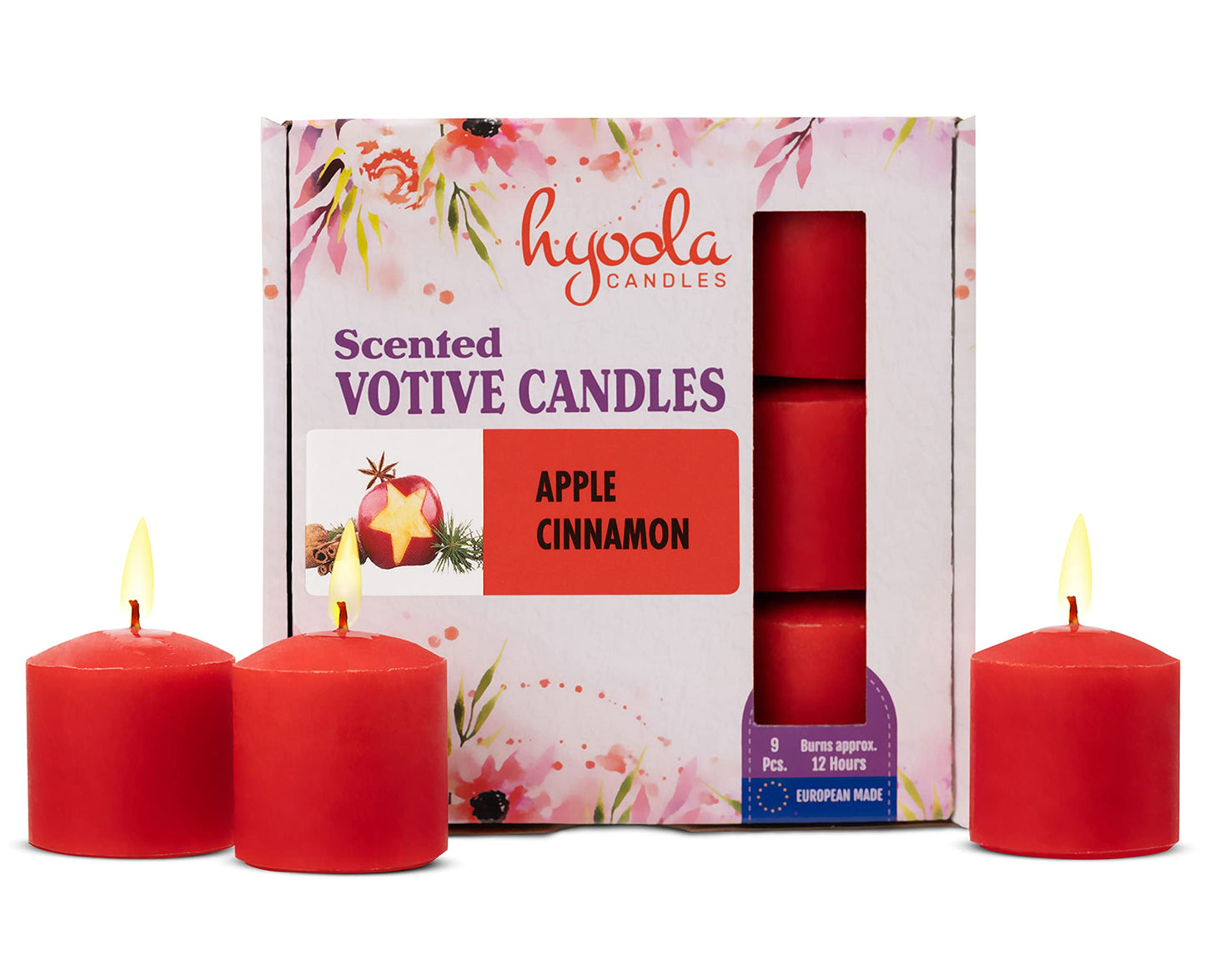 HYOOLA Scented Votive Candles - Apple Cinnamon Votive Candles -12 Hour Burn Time - 9 Pack - European Made