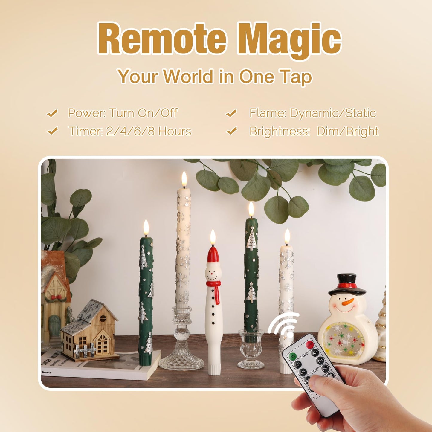 Eywamage White Snowflakes Christmas Flameless Taper Candles with Remote, Flickering LED Wax Candlesticks Set of 4