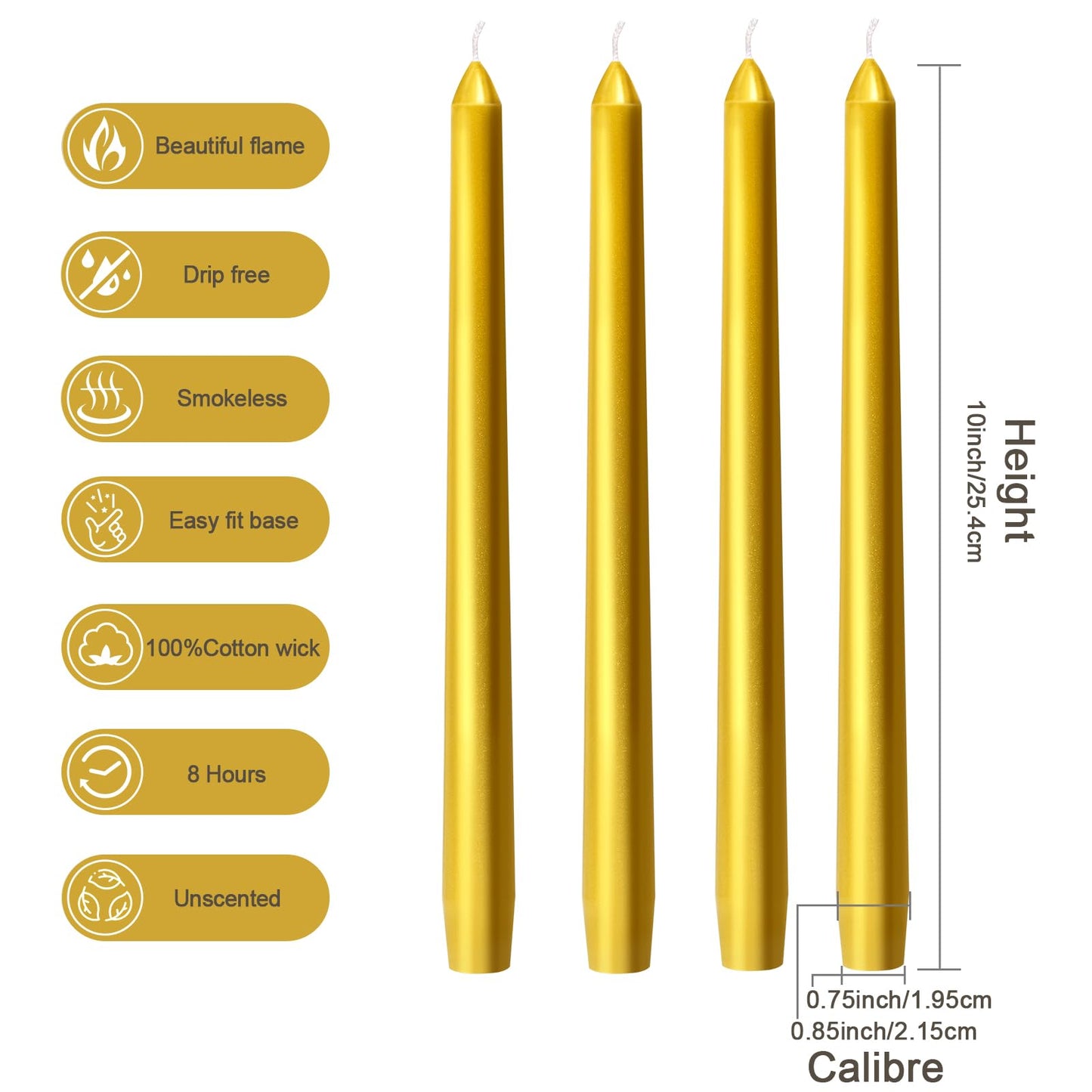 Everymoment Gold Taper Candles - 12 Pack 10 Inch Candlesticks - Dripless & Smokeless for 8 Hours - Unscented Paraffin Wax - Ideal for Wedding Christmas Anniversary New Year's Eve & Luxury Decor