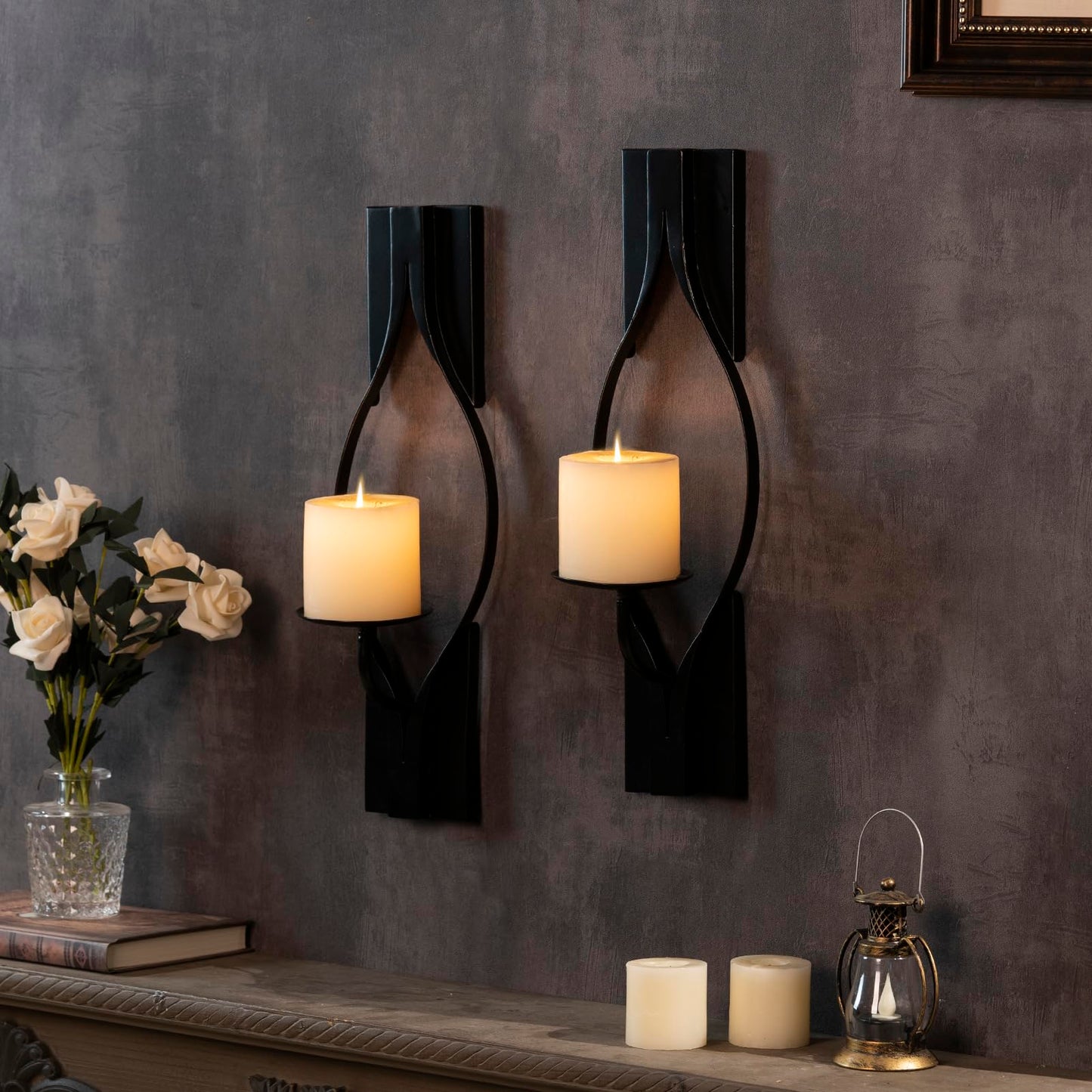 Wall Candle Sconces Set of 2, Decorative Metal Candle Holder for Living Room, Farmhouse, Fireplace (Matte Black)