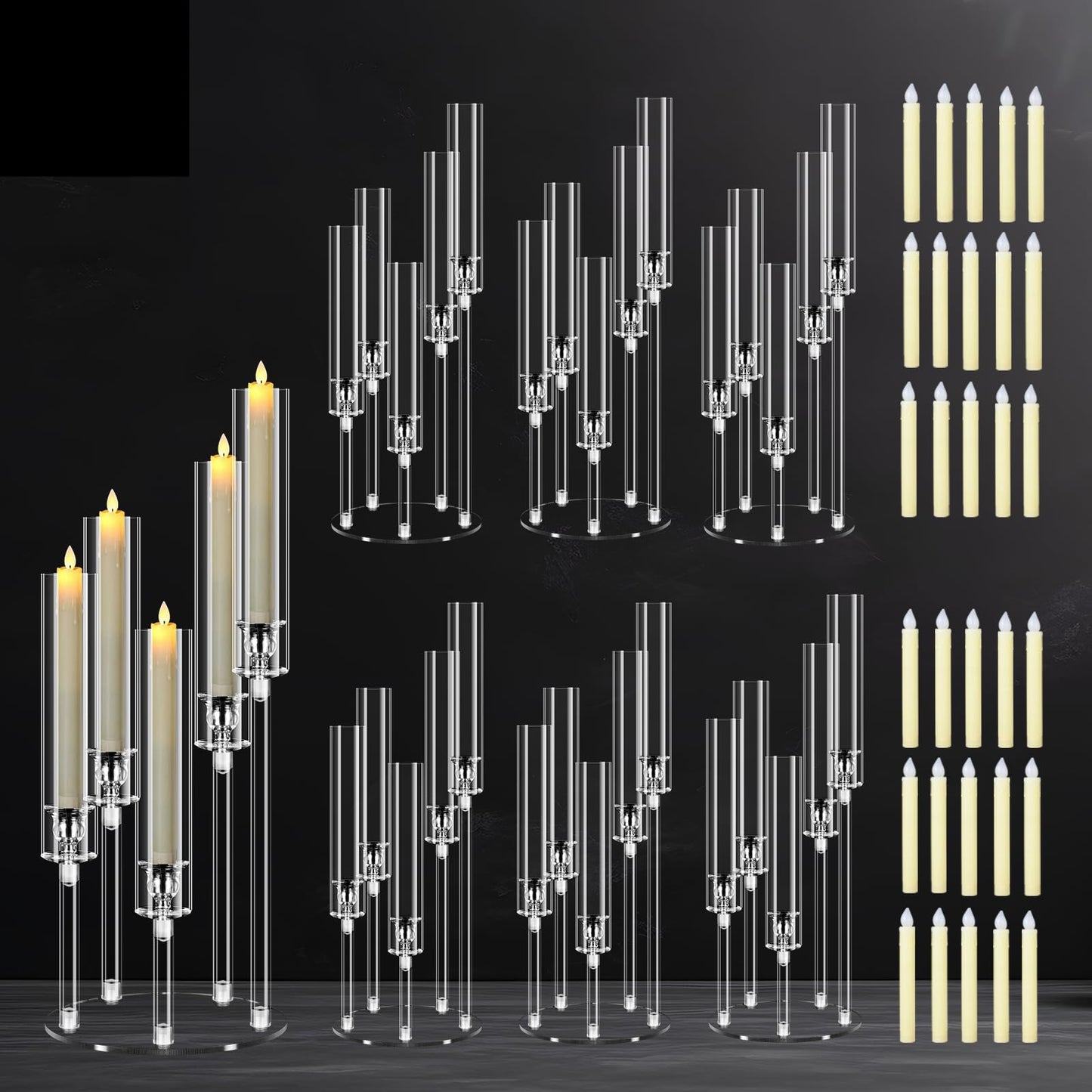 Cheloment 6 Sets 5 Arms Acrylic Candelabra Centerpieces for Tables, 23" Clear Candle Holder for Wedding Dinner Party and Home Decor,Candlesticks Holder with LED Candles