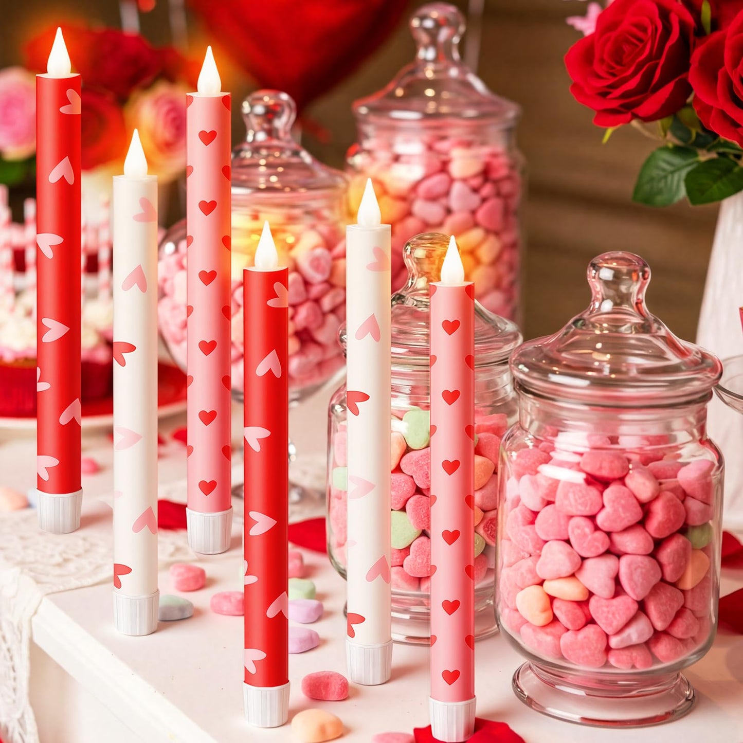 Lyrow 6 Pcs Valentine'day Flameless Taper Candles with Red Heart 11 Inch Real Wax LED Candles Flickering Battery Operated Candlesticks for Valentines Gifts Proposal Wedding Anniversary Romantic Night
