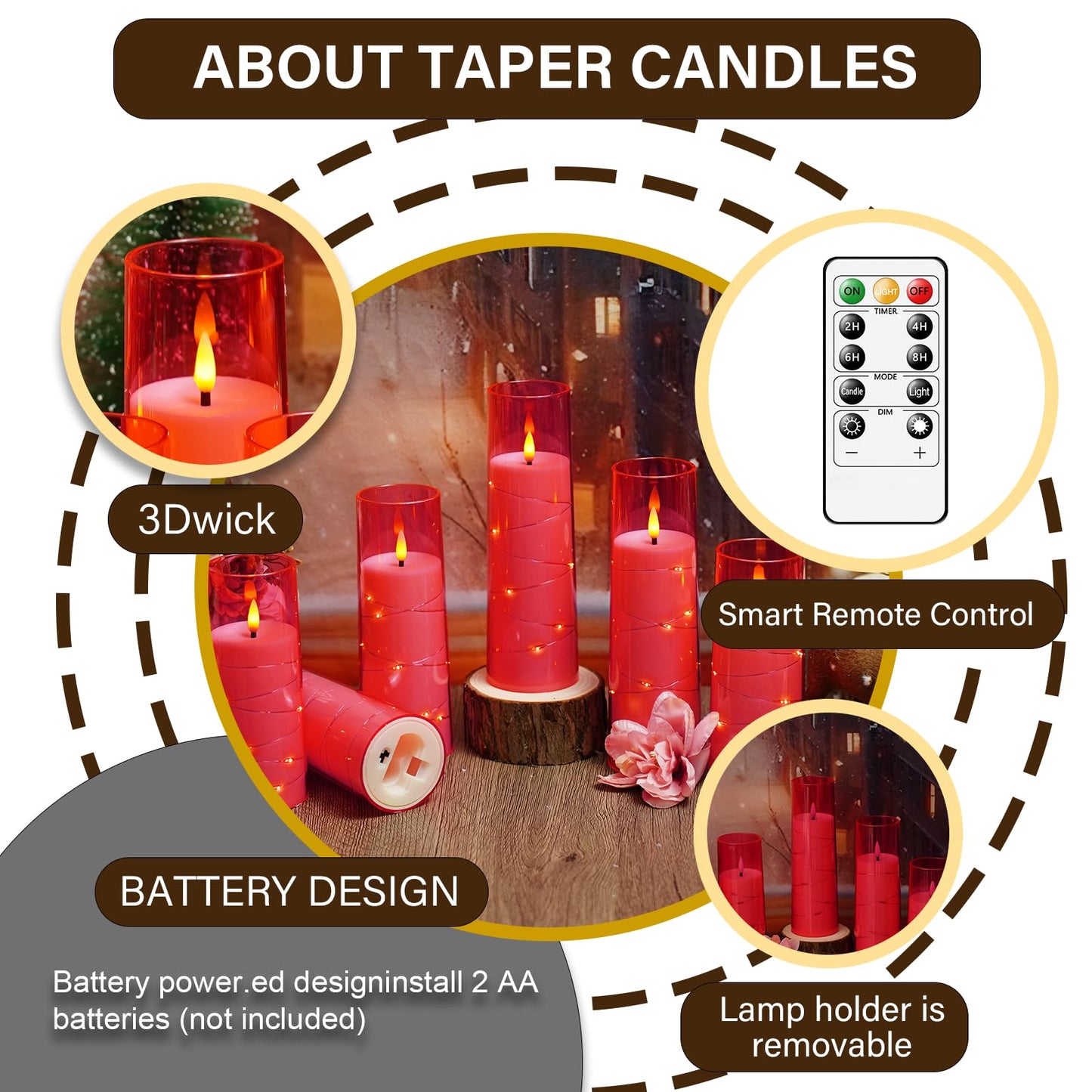 kakoya Flameless LED Candles with Timer 5 Pc Flickering Flameless Candles for Romantic Ambiance and Home Decoration Stable Acrylic Shell,with Embedded Star String，Battery Operated Candles(Pink)