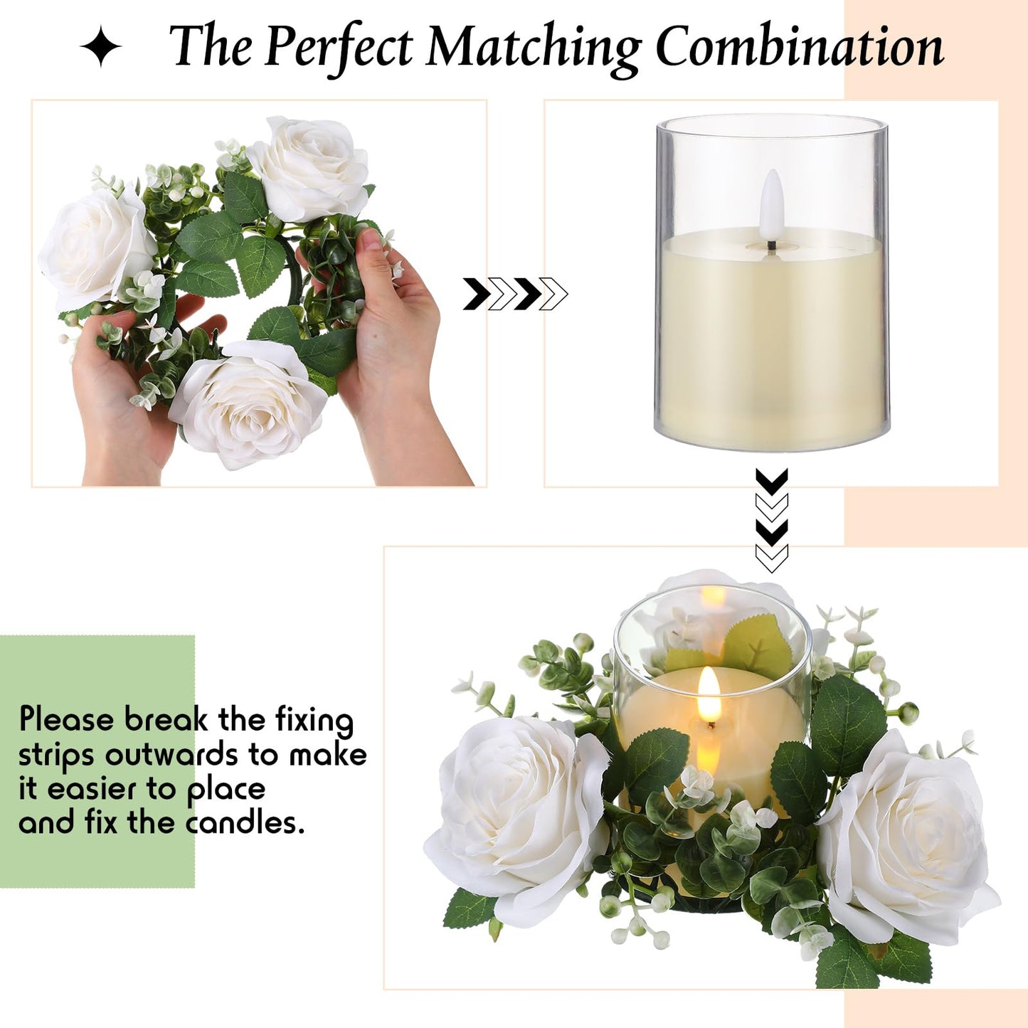 Yunlly 12 Pcs Rose Candle Rings with Flameless Candles Sets, Artificial Flower Eucalyptus Wedding Centerpiece 3 Inch Pillar Candleholders Wreaths for Wedding Party Mother's Day (White)