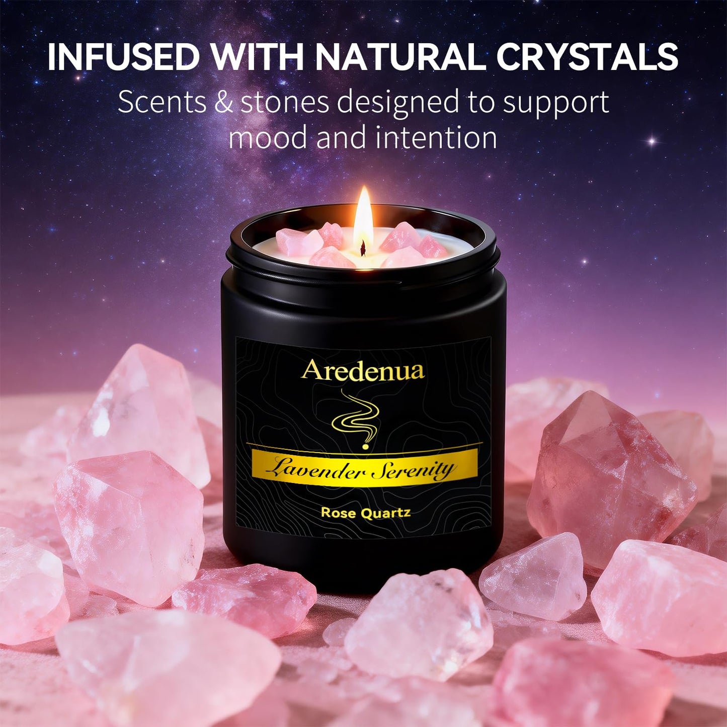 Aredenua Lavender Candle for Sleep and Stress Relief, Rose Quartz Crystal Healing Candle with Natural Soy Wax, Scented Candle for Relaxation, 7oz Long Lasting 50 Hours, Calming Gifts for Women Men