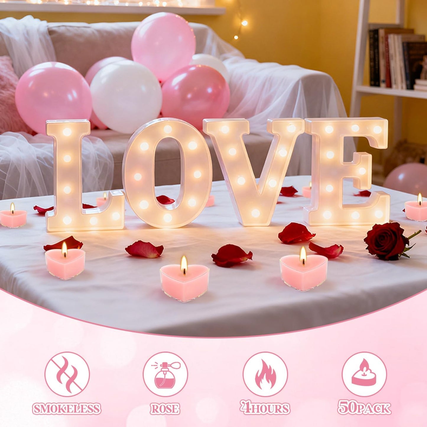 50Pcs Valentines Day Tealight Candles Rose Scented in Clear Cup,Love Pink Wax Votive Candle for Valentine's Day,Home Decor,Wedding, Anniversary, 4Hours Heart Shaped