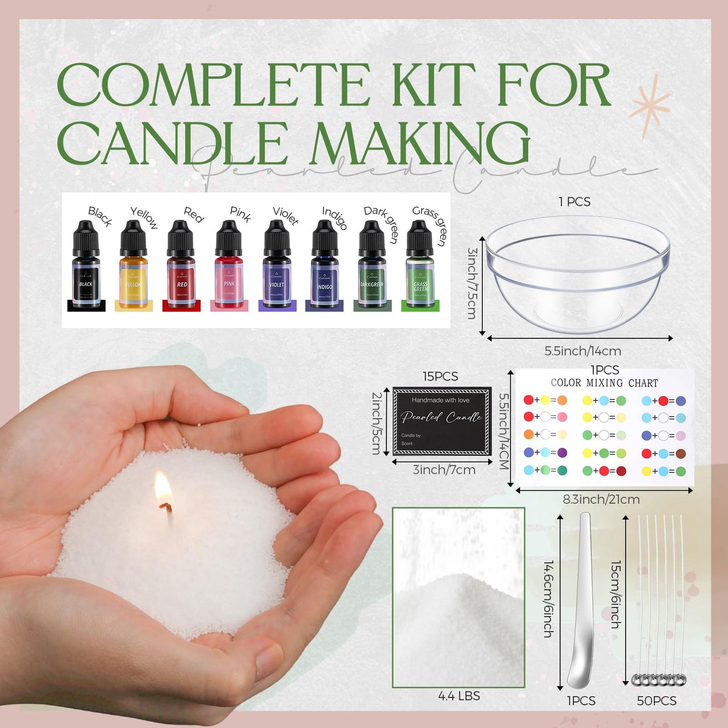 MTLEE Pearled Candle Sand Wax, 70 Oz/ 4.38 lb, 8 Colors Scented Sand Candle Kit with 50 Wicks, Acrylic Mixing Bowl, Spoon, 15 Stickers for Christmas Friends Mother Lover Women Gift