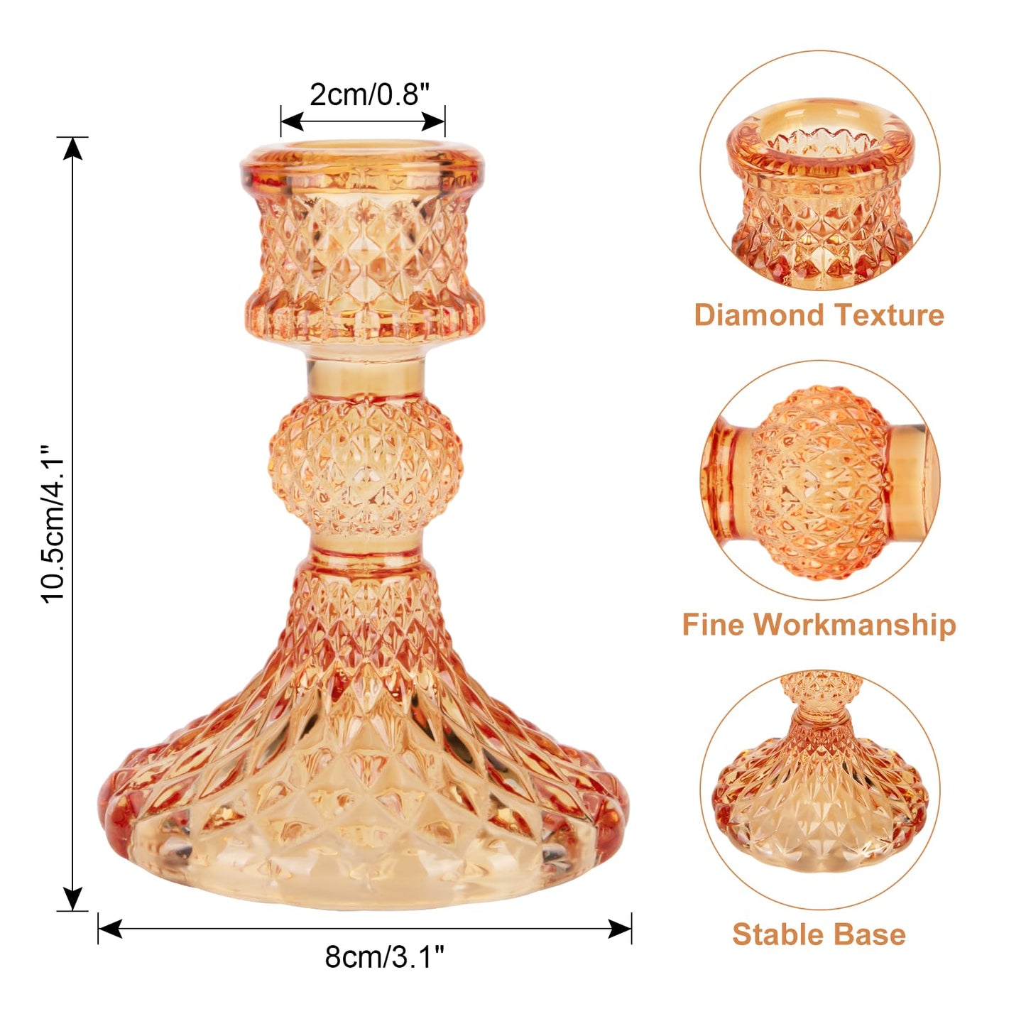 Glass Candle Holder, 2PCS Decorative Candle Sticks Pillar Candle Stand for Formal Events Wedding Party Table Centerpieces Home Decoration, Orange