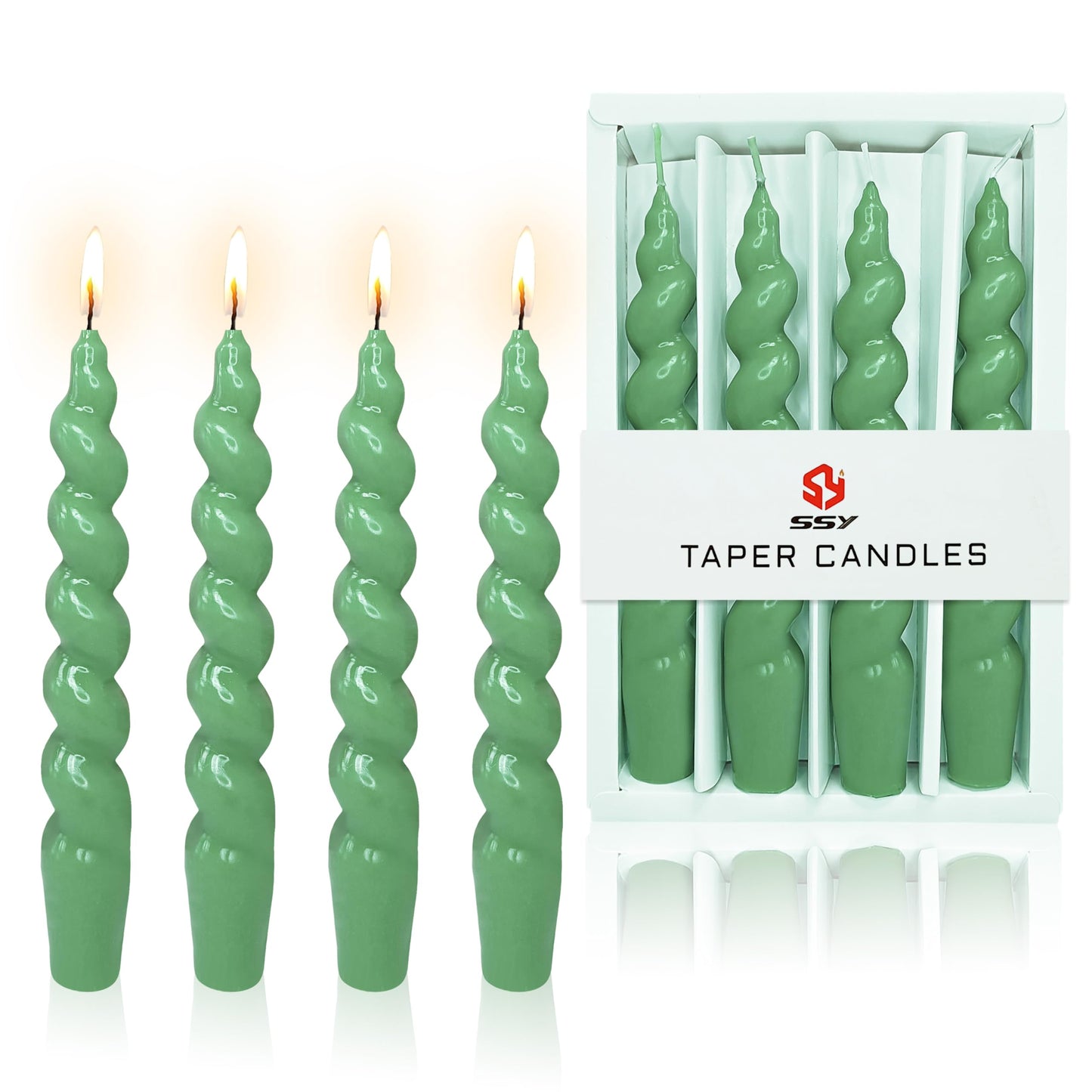 7.5 Inches Spiral Taper Candles Sage Green Twisted Candle Dripless Unscented Short Candles, Handmade Candlesticks for Wedding Dinner Decor, Set of 4