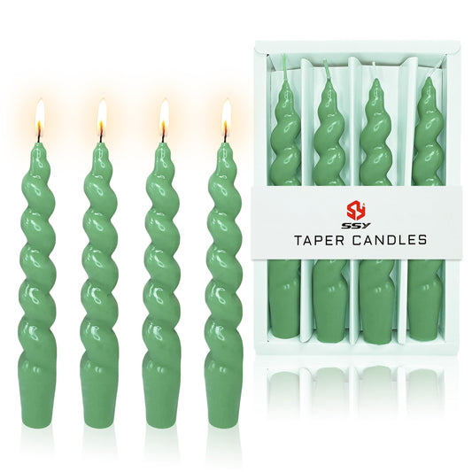 7.5 Inches Spiral Taper Candles Sage Green Twisted Candle Dripless Unscented Short Candles, Handmade Candlesticks for Wedding Dinner Decor, Set of 4