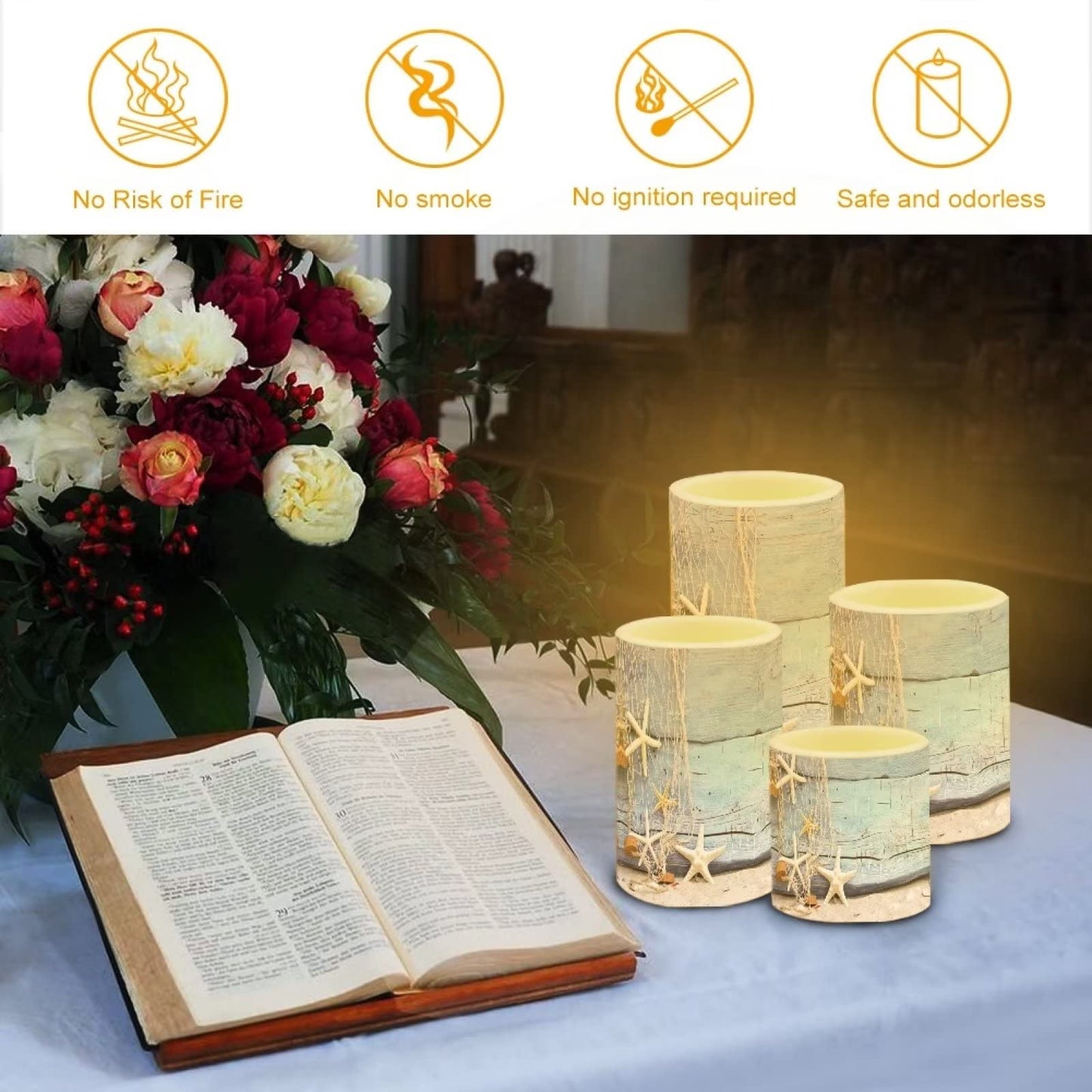 NETILGEN Flickering Flameless Candles 4 Pieces Set, LED Pillar Candles with Timer Battery Operated Tea Lights for Coastal Decor, Beach Starfish with Blue Wood Grain