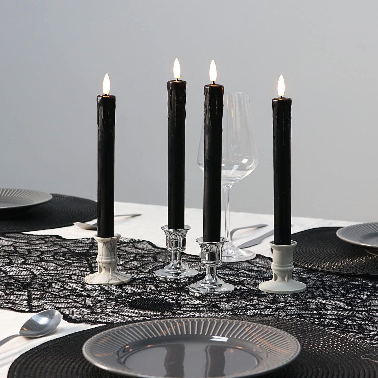 Fanna Black Flameless Taper Candles for Halloween with 2 Remotes, Real Wax Battery Operated Candles with Timer, Warm White Light, 10" Set of 6