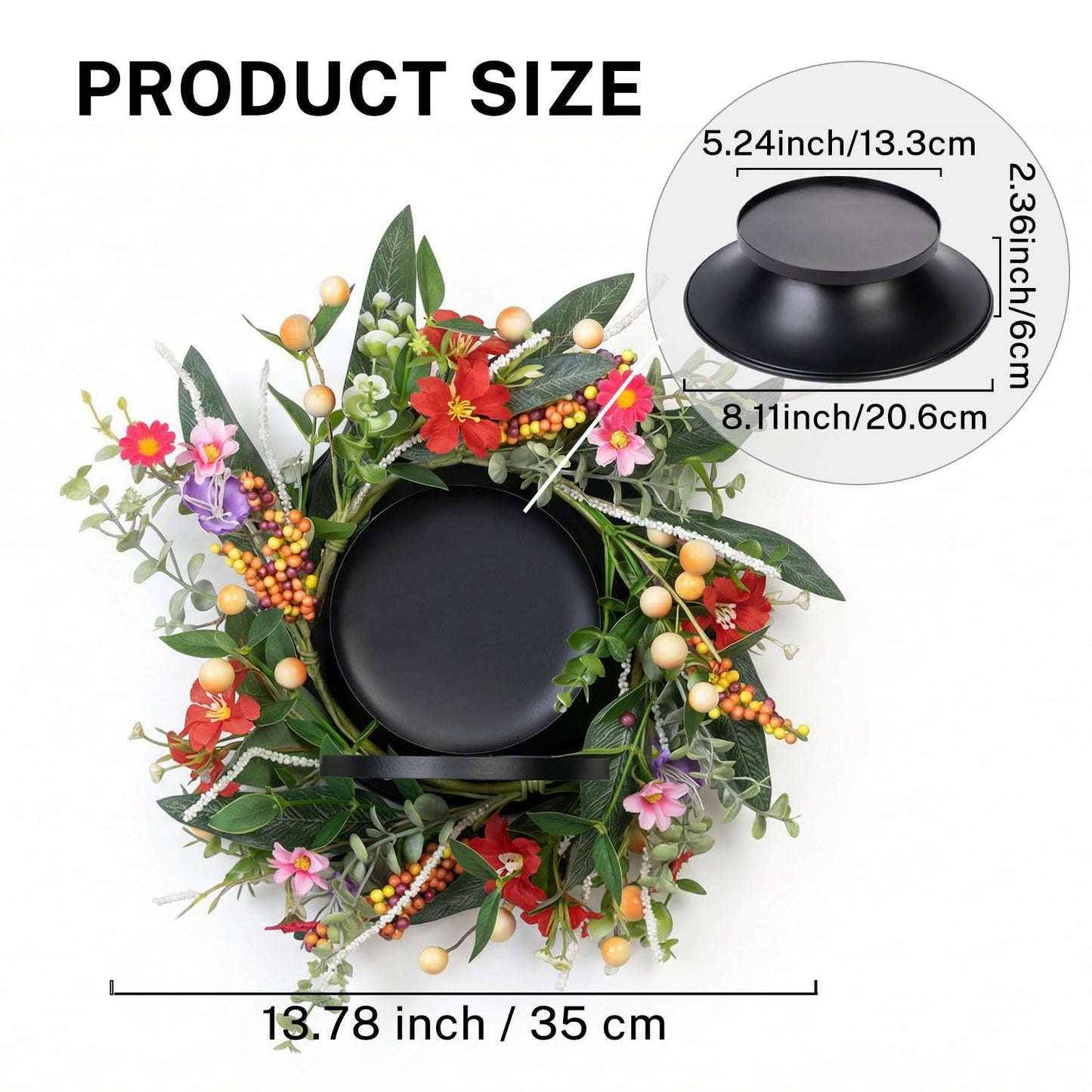 MOYEE Summer Candle Holder Centerpieces for Tables,Candle Ring, Black Metal Candlestick with an Artificial Wreath 14 in Versatile Dining Table Centrepiece (Autumn-Themed Flower and Fruit Wreath)