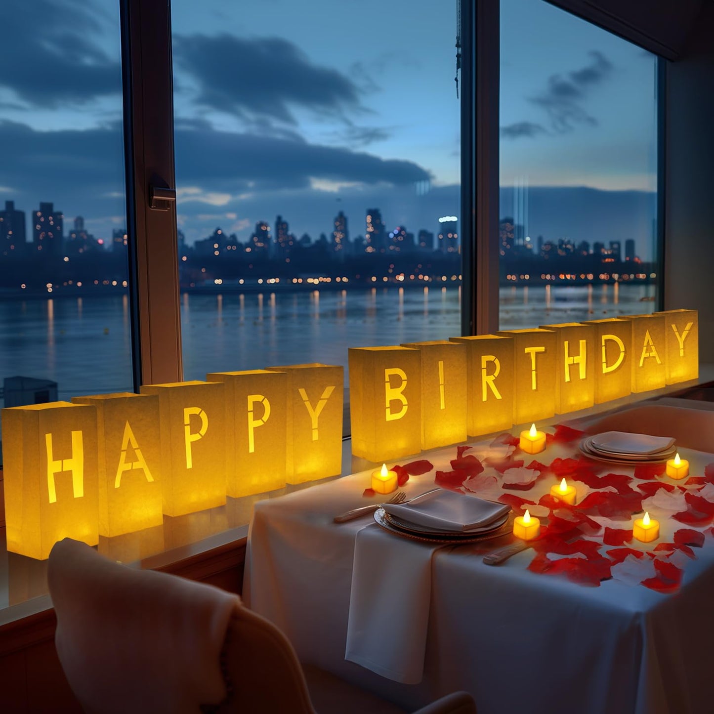 Homemory Happy Birthday Light Up Letters Luminary Bags with Flameless Candles and 2000 Fake Rose Petals, Happy Birthday Banner Sign Party Decoration for Women Men