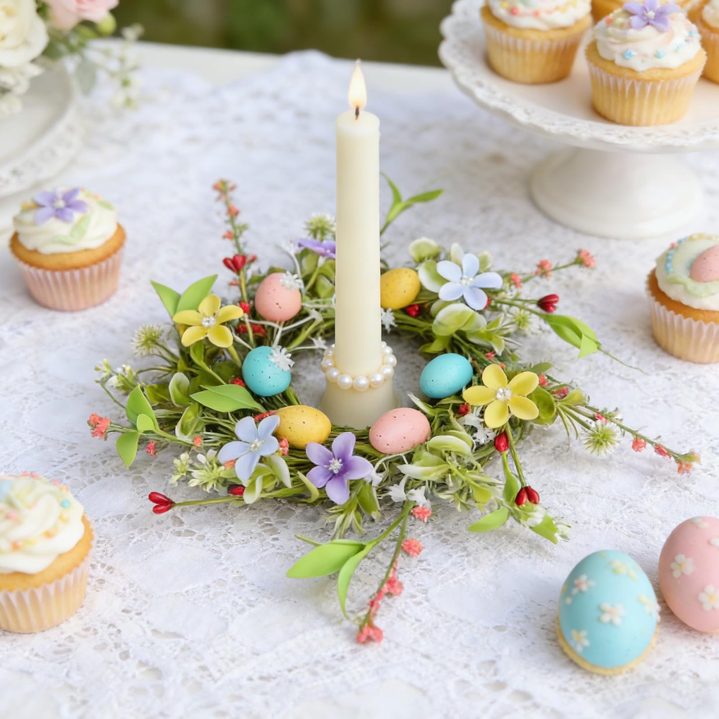 6 Pcs Easter Small Candle Rings Wreaths Mini Pillar Candle Holder Wreath with Eggs and Flowers Artificial Spring Pink Wreath for Home Kitchen Front Door Window Porch Wall Table Cnterpieces