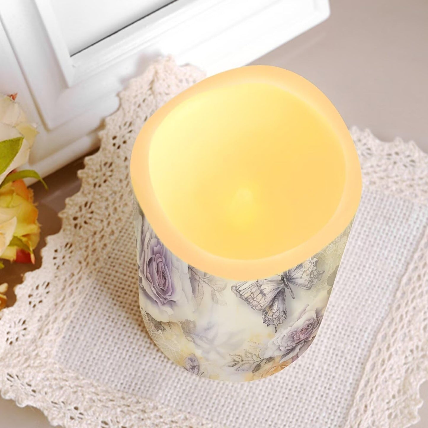 Cozeyat White Floral Flameless Candles 4 Pack Battery Operated LED Pillar Candles with Remote Control Timer Color Changing for Home Wedding Beach