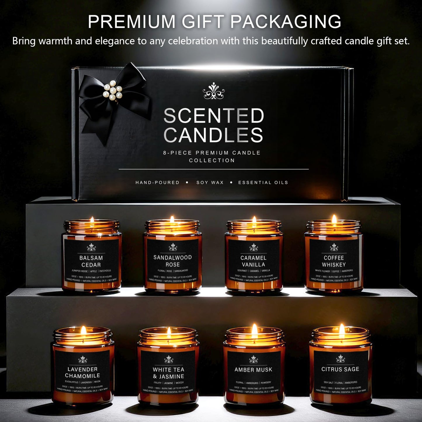 8 Pack Soy Wax Scented Candles Gift Set, Aromatherapy Candles with Lavender Chamomile, Citrus Sage, Caramel Vanilla, Coffee Whiskey, Long Lasting Stress Relief Candle, Unisex Home & Gift Set for Men