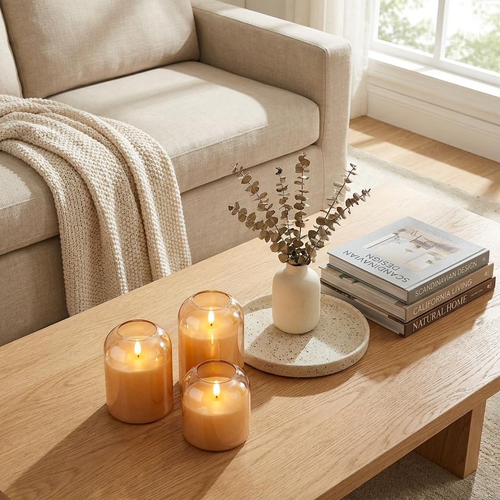 ARIKJ Amber Glass Flameless Candles with Remote, 3-Pack LED Pillar Candles for Classy Fall Decor, Modern Aesthetic Room, Thanksgiving Centerpiece, Boho Shelf, Mantel & Coffee Table