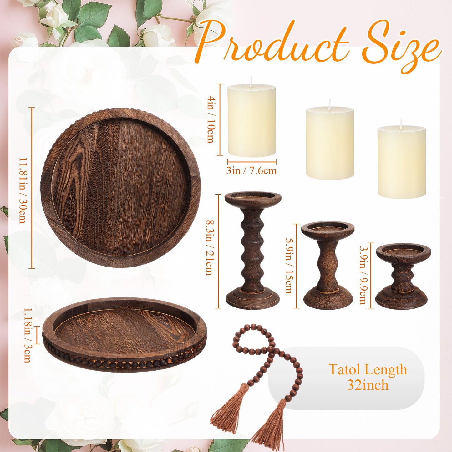 Reallnaive 8 Pcs Farmhouse Wood Candle Holders with Pillar Candles Set Wooden Rustic Candle Holders Round Decorative Serving Tray Bead Garland with Natural Wood Tassels for Table Centerpiece (Brown)