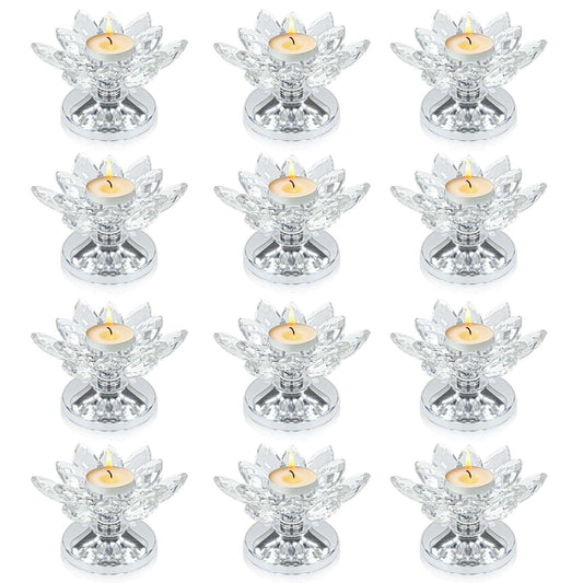 12 PCS Silver Crystal Flower Tea Light Holder, Bulk Glass Tealight Candlestick with Metal Base, Votive Candle for Table Centerpiece, Wedding,Parties Decor, Nice Gift