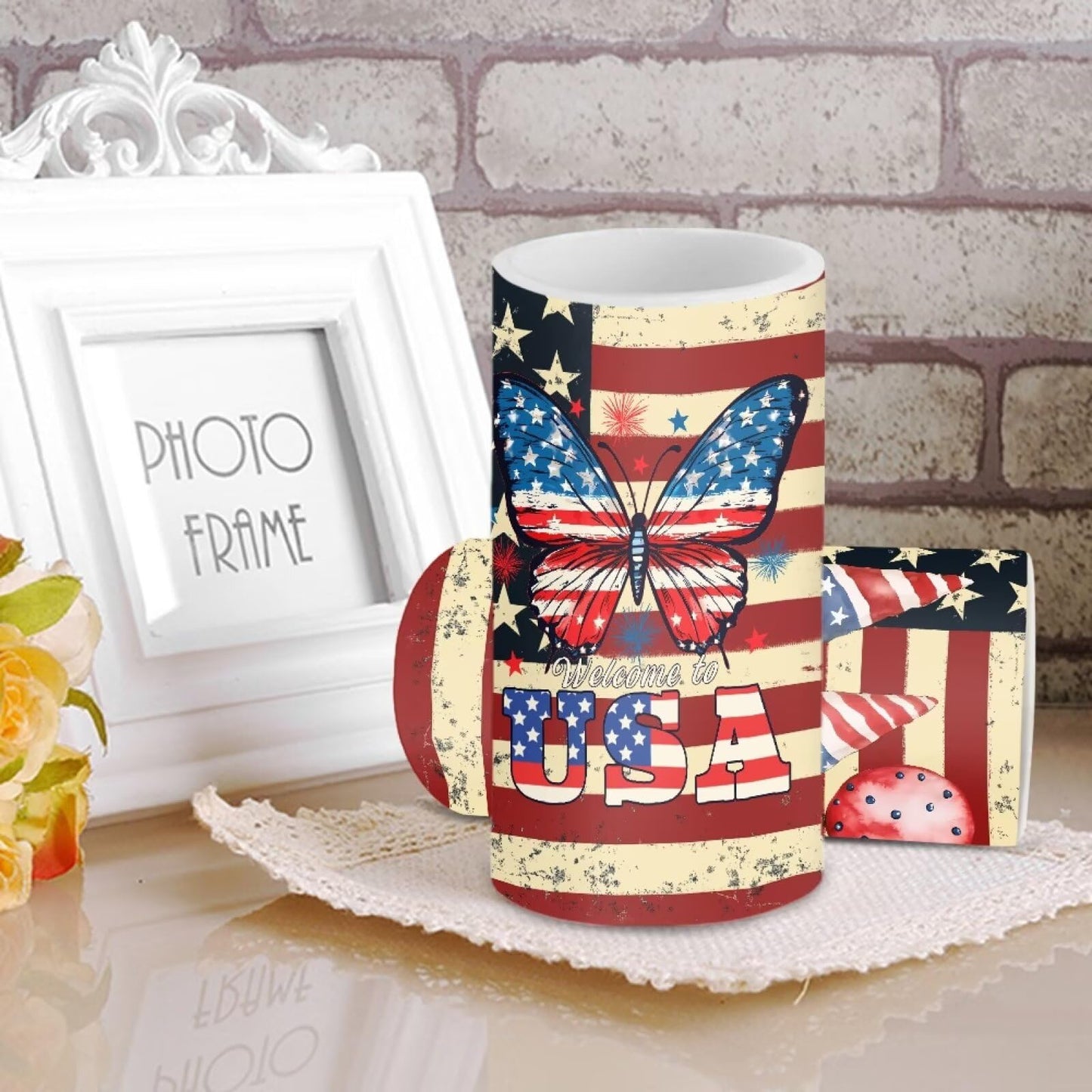 NETILGEN 2 Pcs Flameless Candles with Battery Powered Pillar Candles with Timer Remote American Flag Butterfly Gnome Print July 4th Patriotis USA Flag Memorial Day Decor