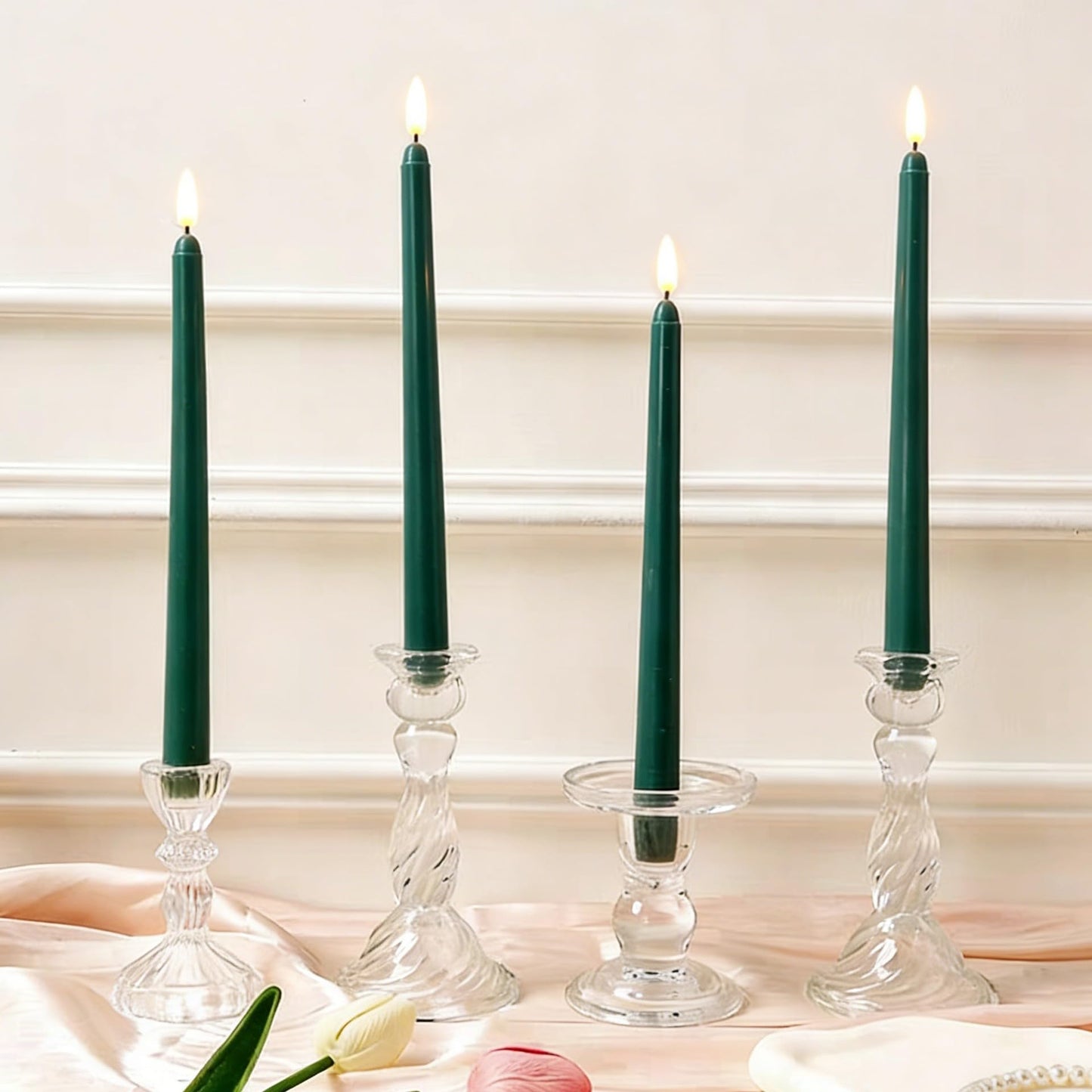 Ni-JASW Green Flameless Taper Candles with Remote Timer, Flickering Battery LED Candlesticks Spring Home Decor Set of 12