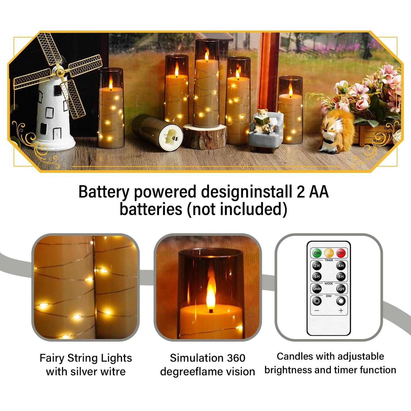 Flameless Candles with Embedded Star String, 12 Pcs Battery Operated LED Pillar Candles with Remote and Timer, Suitable for Home Decor, Party, Christmas & Wedding (Grey)