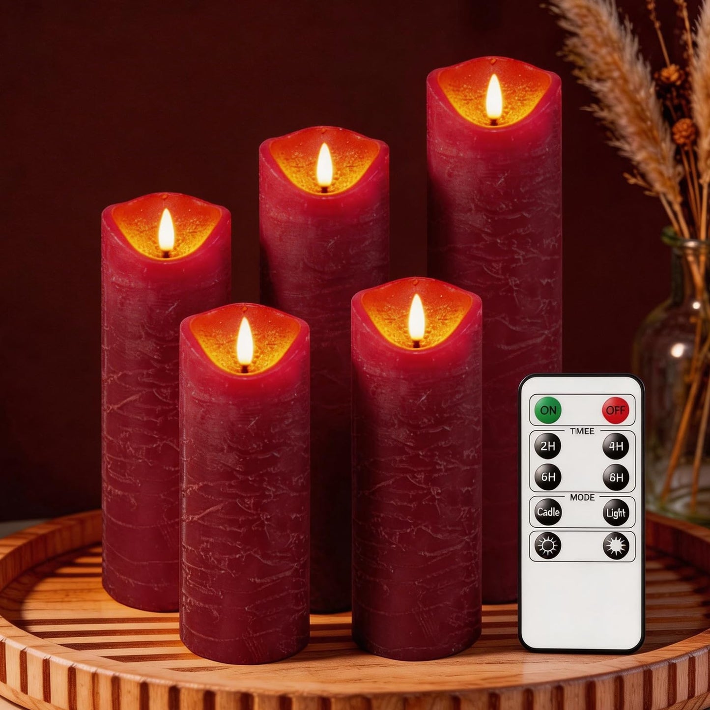 MiKoyi Flameless Pillar Candles with Remote, Battery Operated Candles Real Wax, [5-Pack] Fake LED Flickering flameless Candle with Timer Function for Room Home Decor (2.2" * 5/5.5/6/7/8") - Red