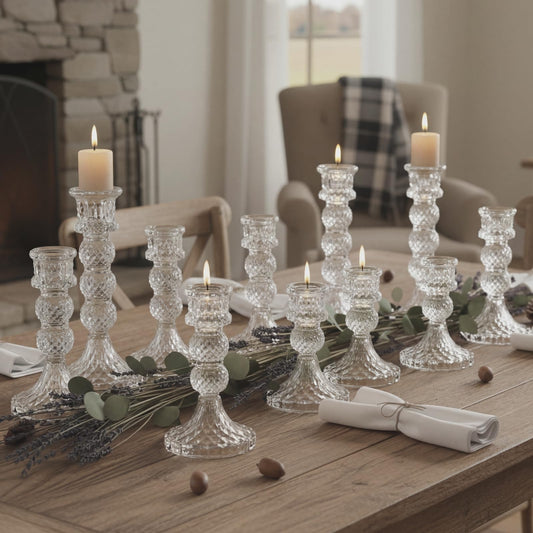Mumufy 12 Pack Glass Taper Candle Holders Clear Candlestick Holder Fit 0.8 Inch Candles 4'' 6'' 8'' Tall Crystal Decorative Candlestick Stand Centerpiece for Table Wedding Dining Party (Vintage)