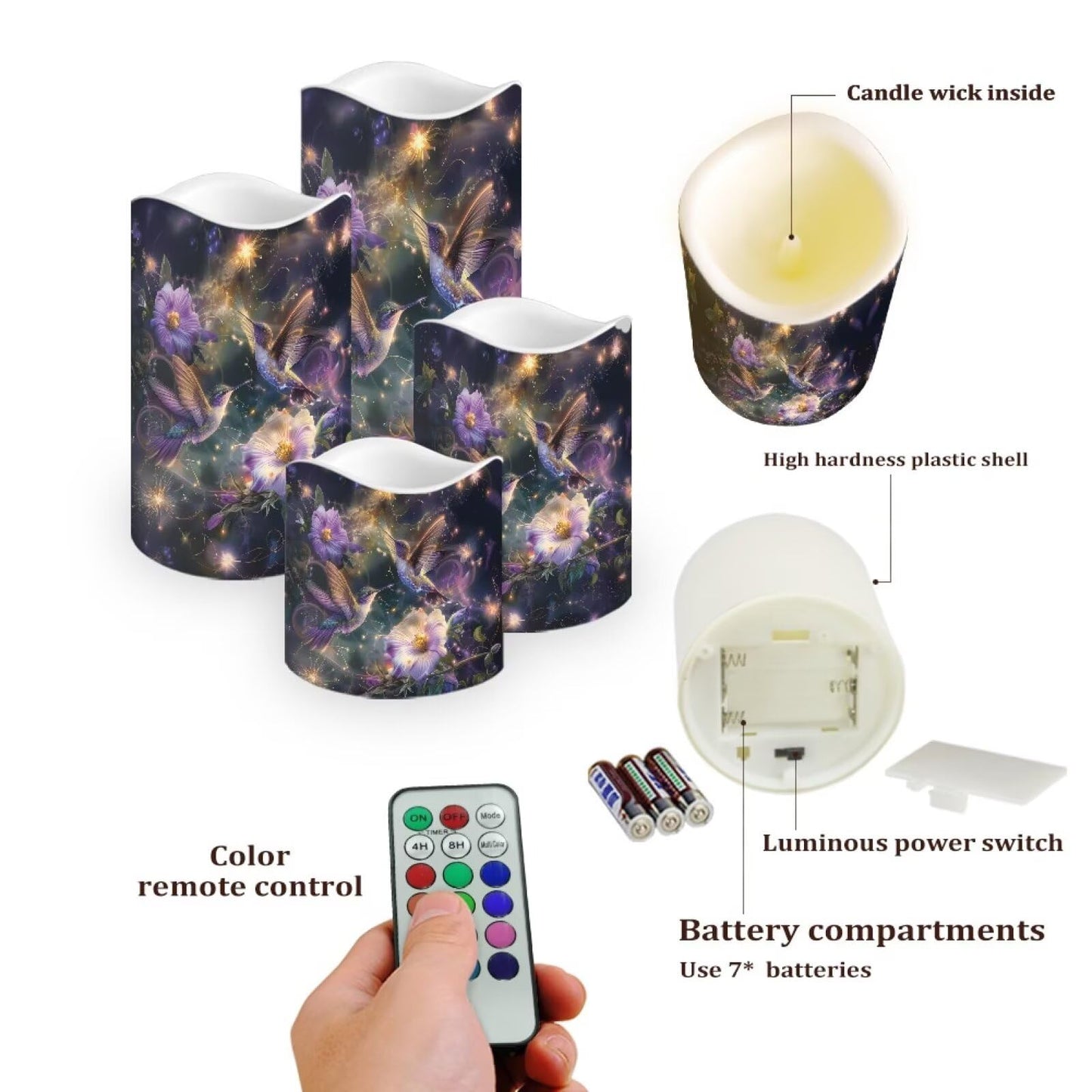 Ystardream LED Candle Set of 4 with Remote Control, Multicolor, Modern, Battery Operated, Tabletop, Indoor, 4/8H Timer, 12 Colors, 5.7 Inches Tall