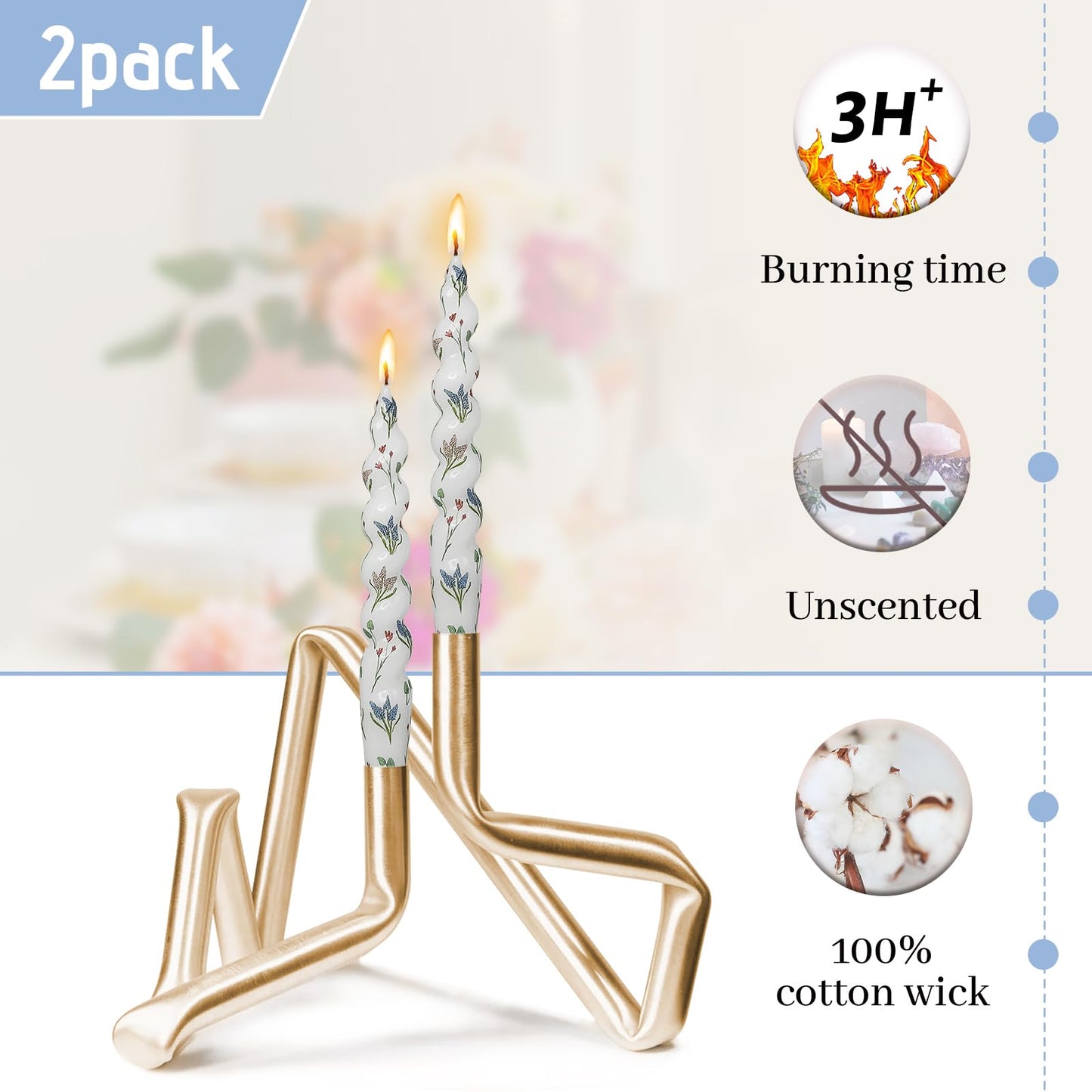 Hyacinth Spiral Candle Sticks Floral Printed Taper Candle Handmade Twisted Candlesticks 7.5 Inch Short Tapered Candles for Home Wedding Women Gifts Set of 2