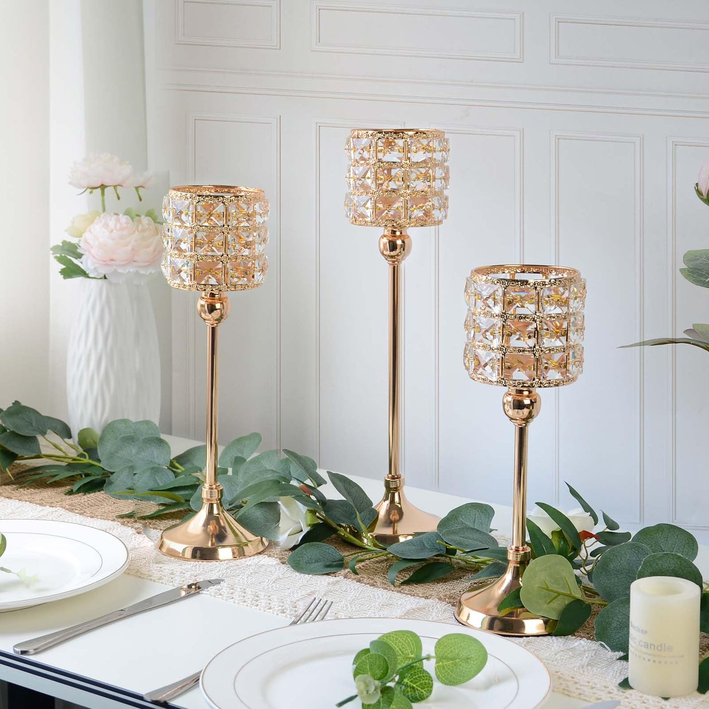 Set of 3 Gold Candle Holders for Wedding Decor, Crystal Candlestick Holders Centerpieces for Table, Elegant Tealight Holder for Halloween/Christmas/Party/Wedding Table Decoration (Gold)