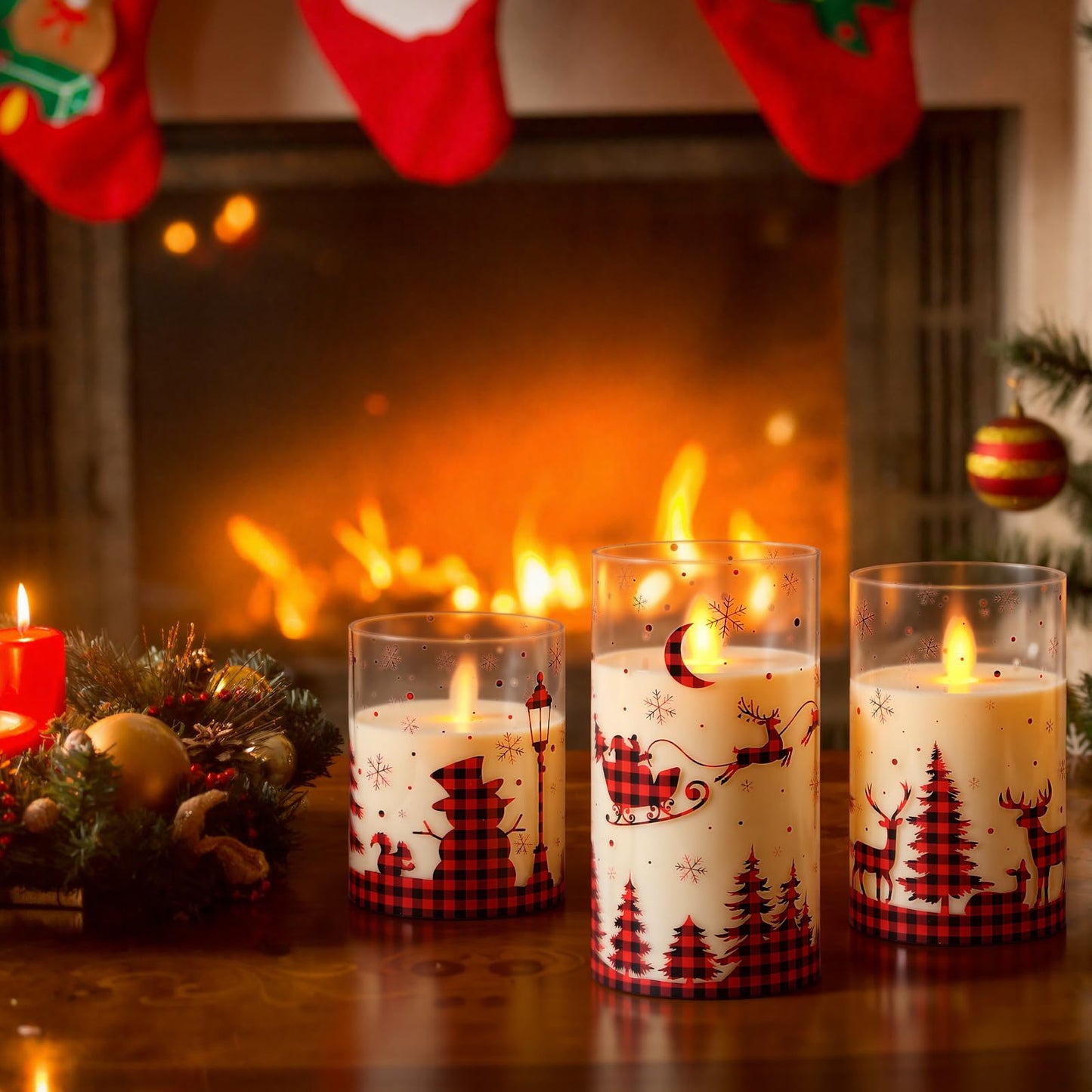 Blosssound 3 Pack Buffalo Plaid Christmas Flameless Candles Battery Operated Xmas Red Glass Flameless Flickering Candles LED for Home Fireplace Winter Holiday Table Decorations Christmas Gifts